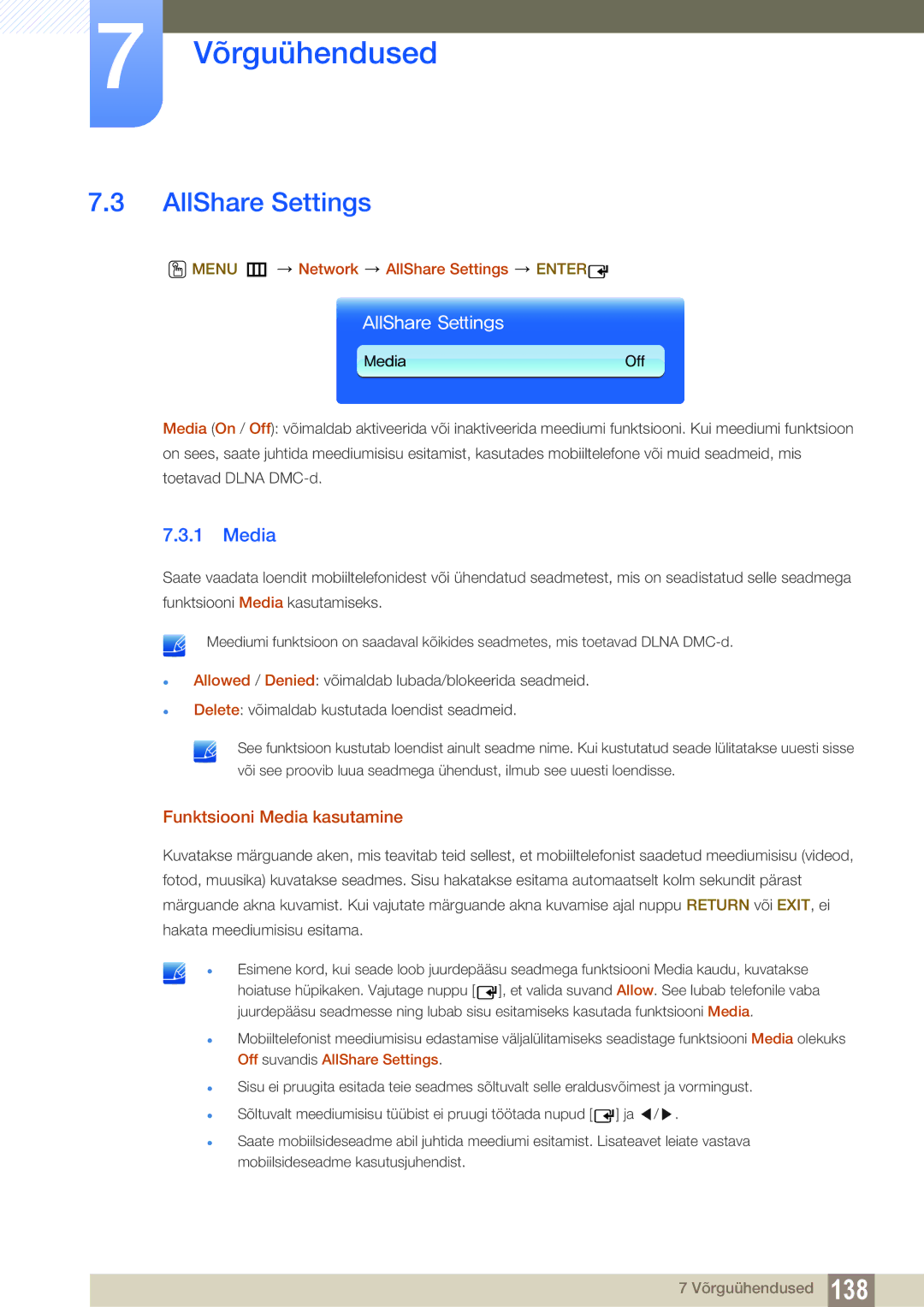 Samsung LH55UEAPLGC/EN, LH55UEPLGC/EN manual Funktsiooni Media kasutamine, Menu m Network AllShare Settings Enter 