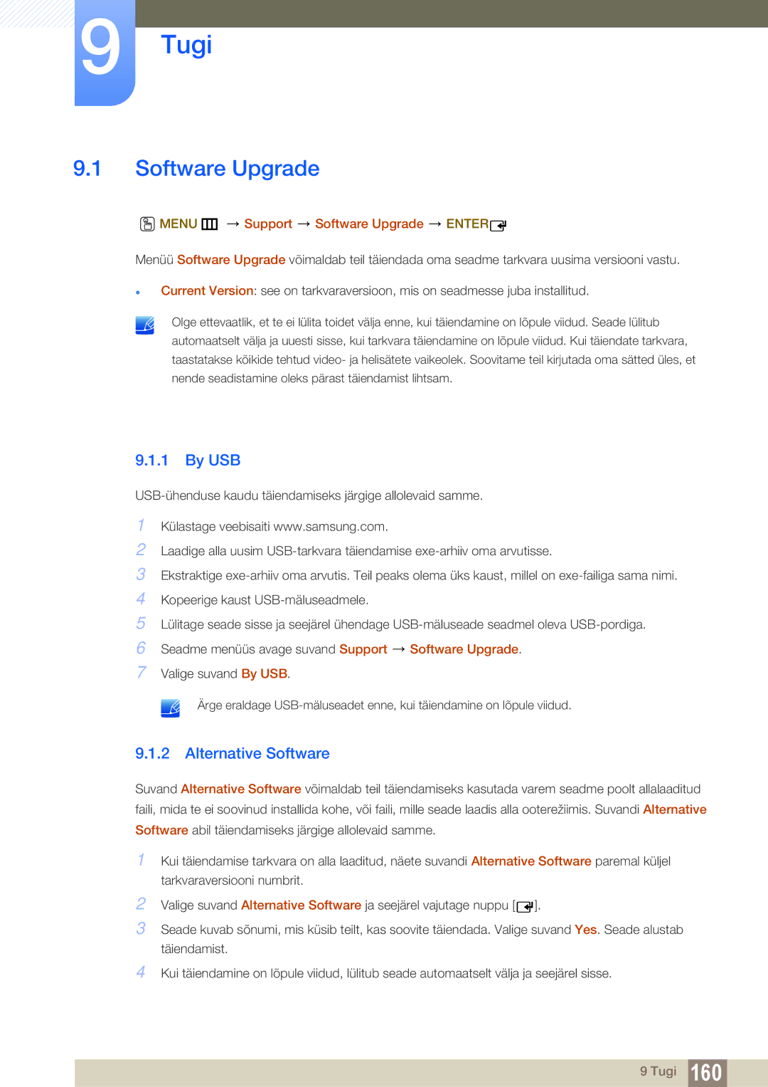 Samsung LH55UEPLGC/EN, LH55UEAPLGC/EN manual Tugi, By USB, Alternative Software, Menu m Support Software Upgrade Enter 