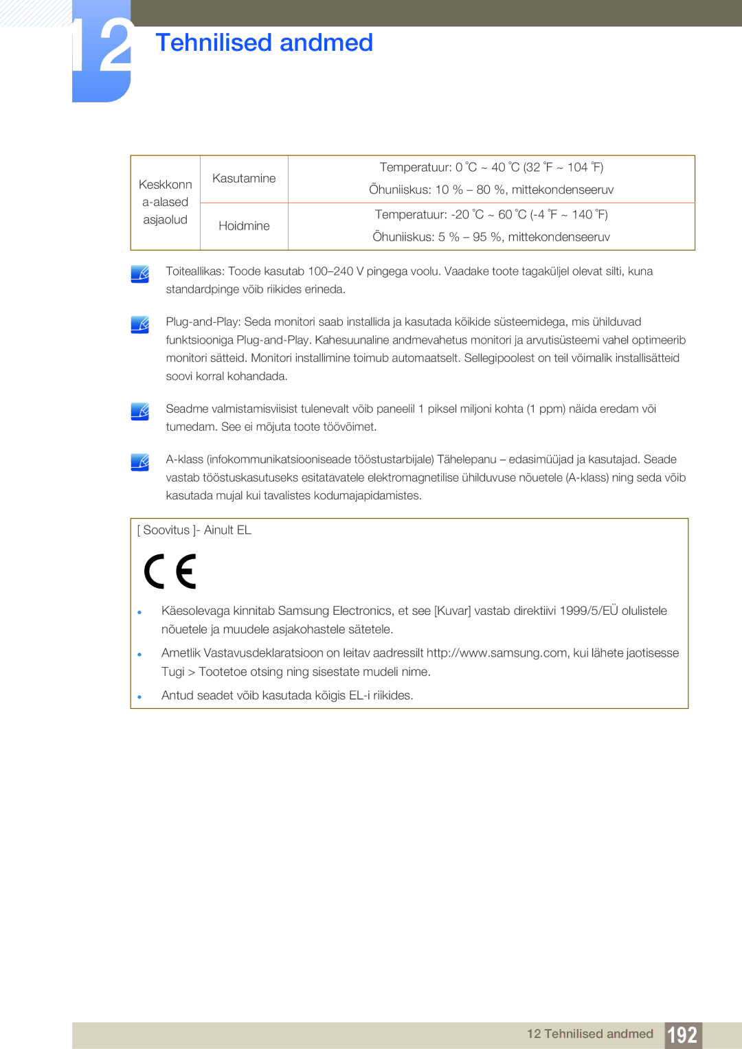 Samsung LH55UEAPLGC/EN, LH55UEPLGC/EN, LH46DEAPLBC/EN manual Tehnilised andmed 