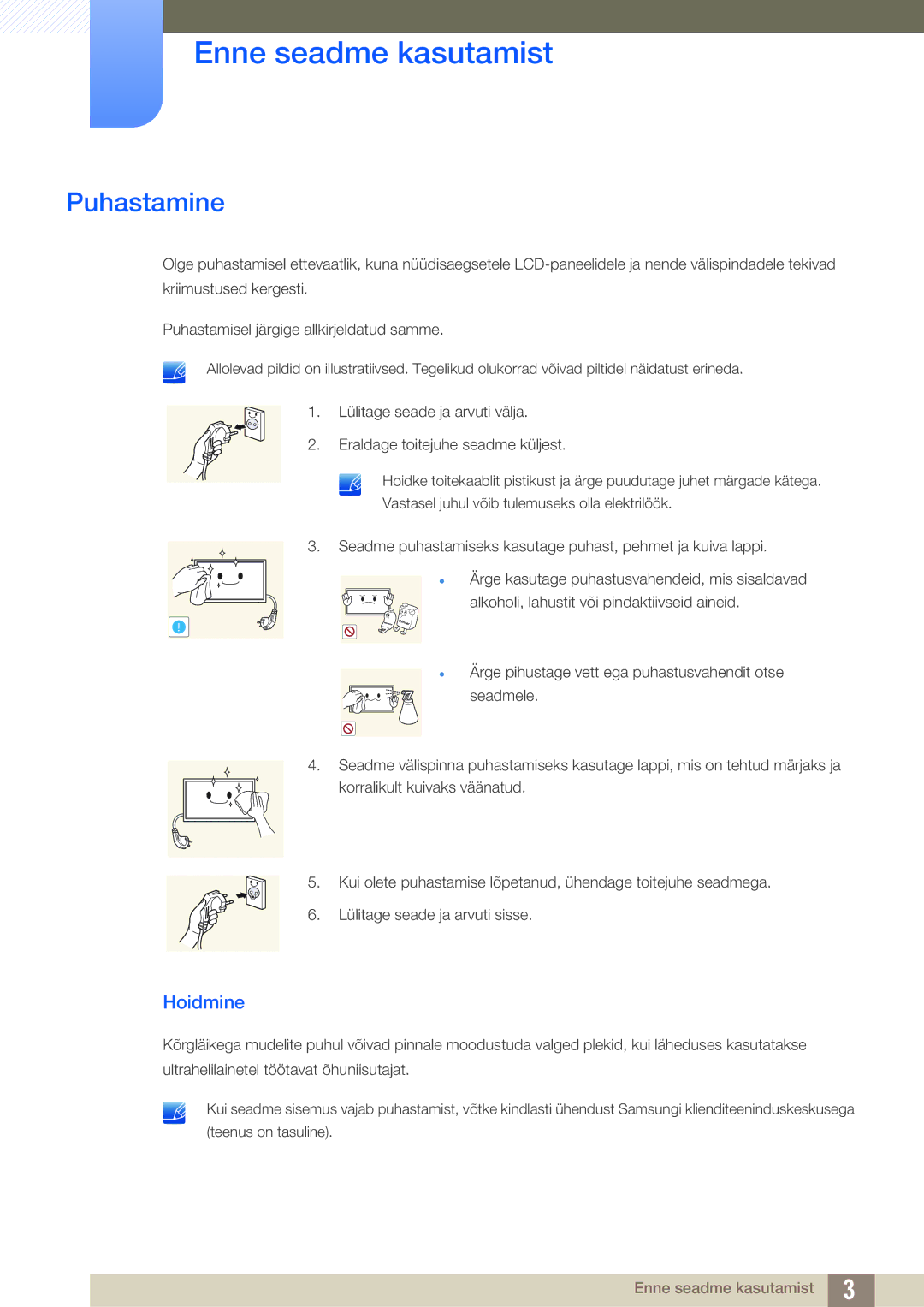 Samsung LH55UEAPLGC/EN, LH55UEPLGC/EN, LH46DEAPLBC/EN manual Puhastamine, Hoidmine 