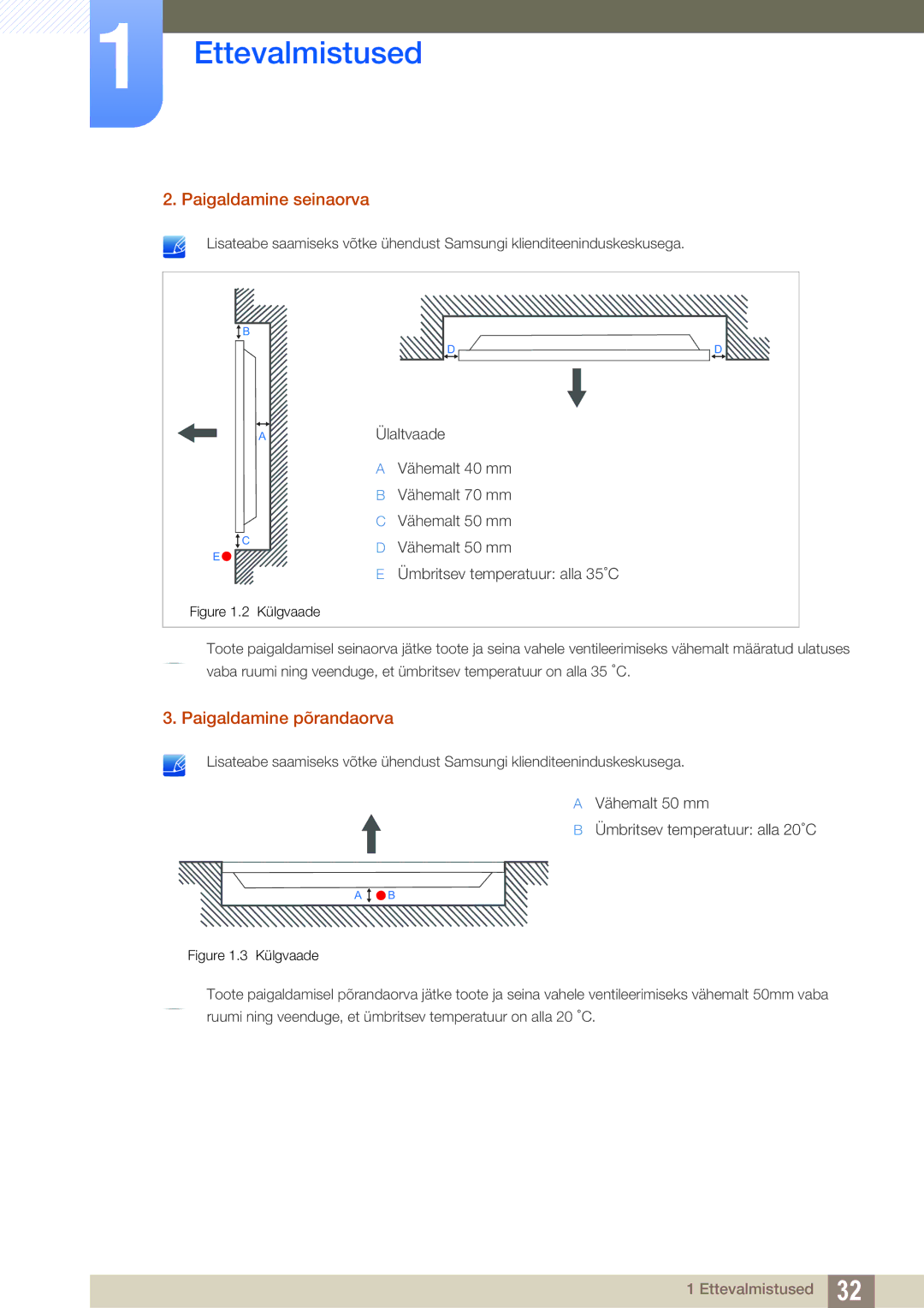 Samsung LH46DEAPLBC/EN, LH55UEAPLGC/EN, LH55UEPLGC/EN manual Paigaldamine seinaorva, Paigaldamine põrandaorva 