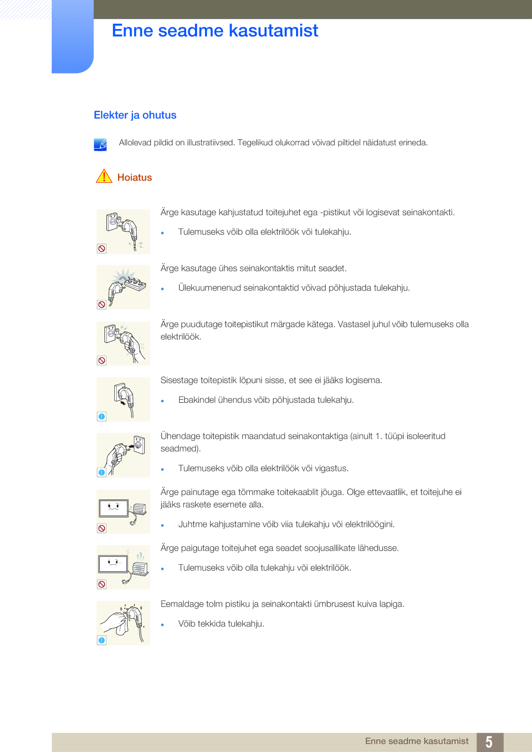 Samsung LH46DEAPLBC/EN, LH55UEAPLGC/EN, LH55UEPLGC/EN manual Elekter ja ohutus, Hoiatus 