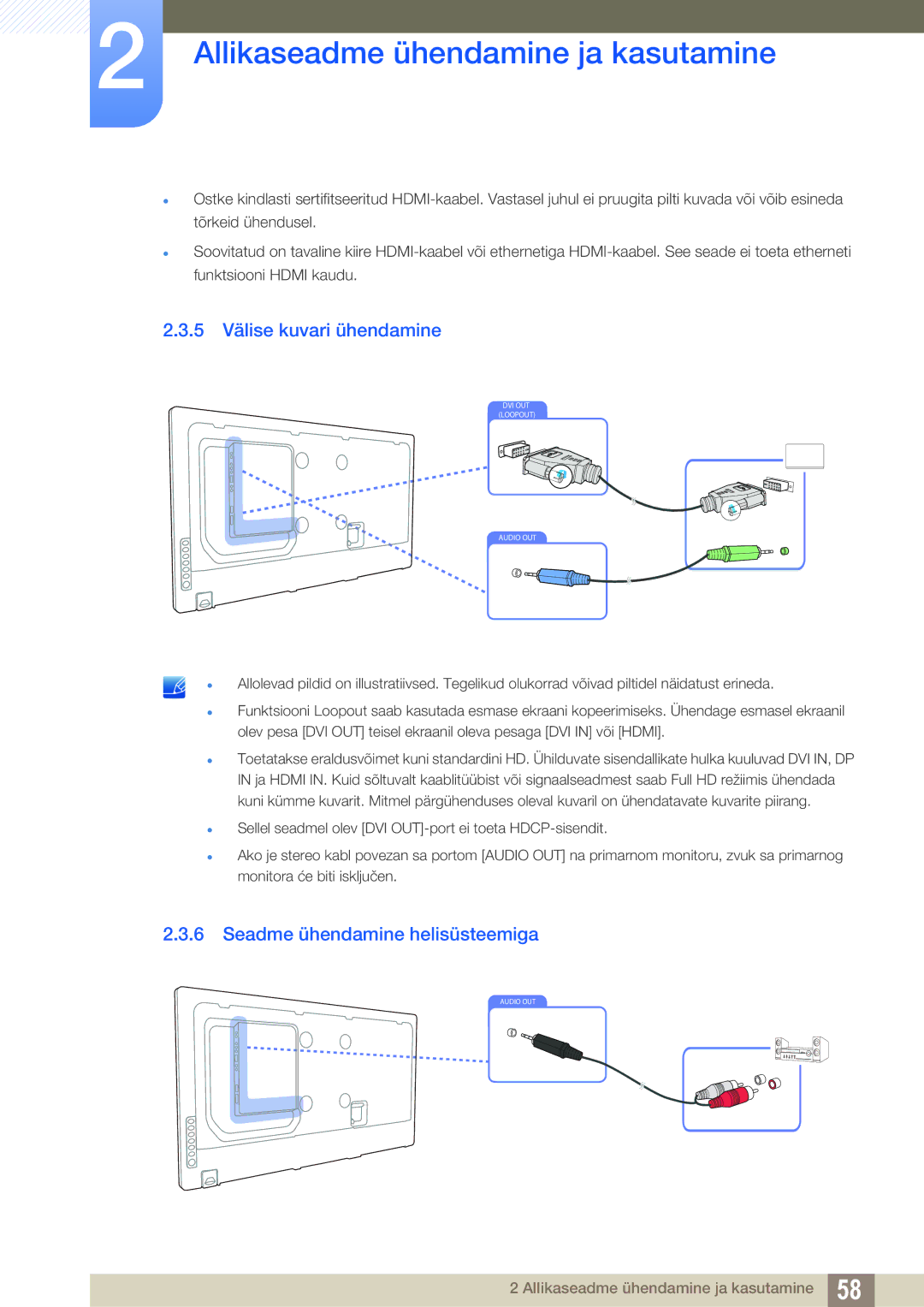 Samsung LH55UEPLGC/EN, LH55UEAPLGC/EN, LH46DEAPLBC/EN manual 5 Välise kuvari ühendamine, Seadme ühendamine helisüsteemiga 