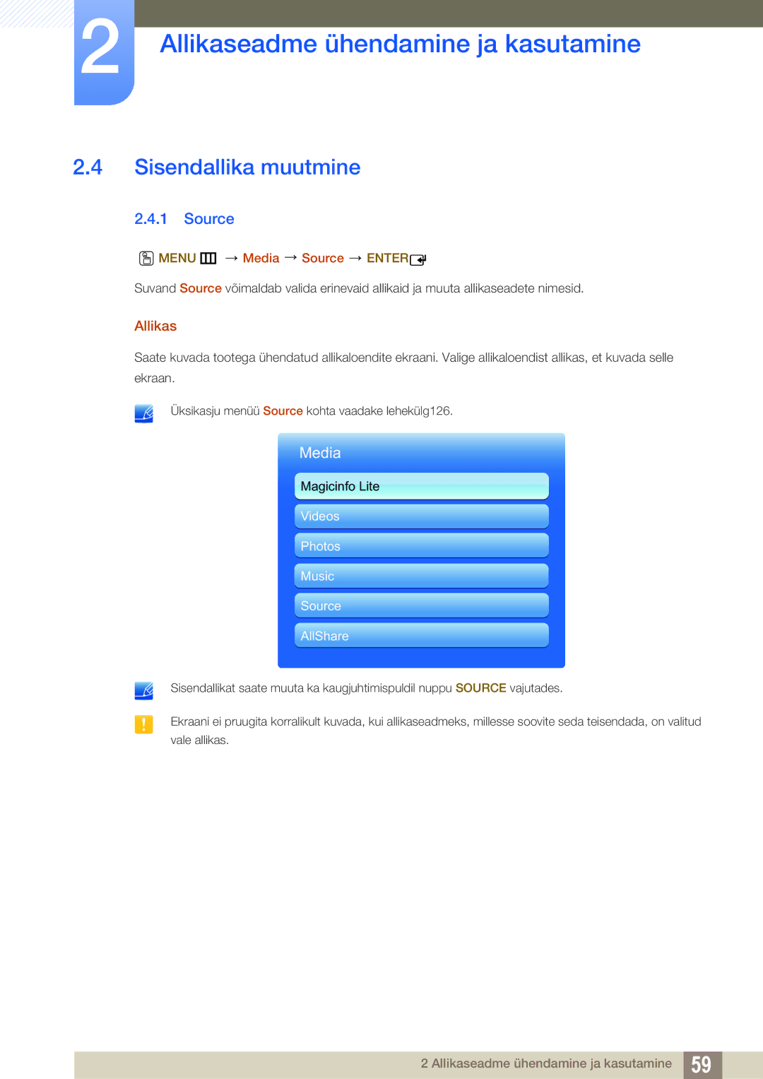 Samsung LH46DEAPLBC/EN, LH55UEAPLGC/EN, LH55UEPLGC/EN manual Sisendallika muutmine, Allikas, Menu m Media Source Enter 