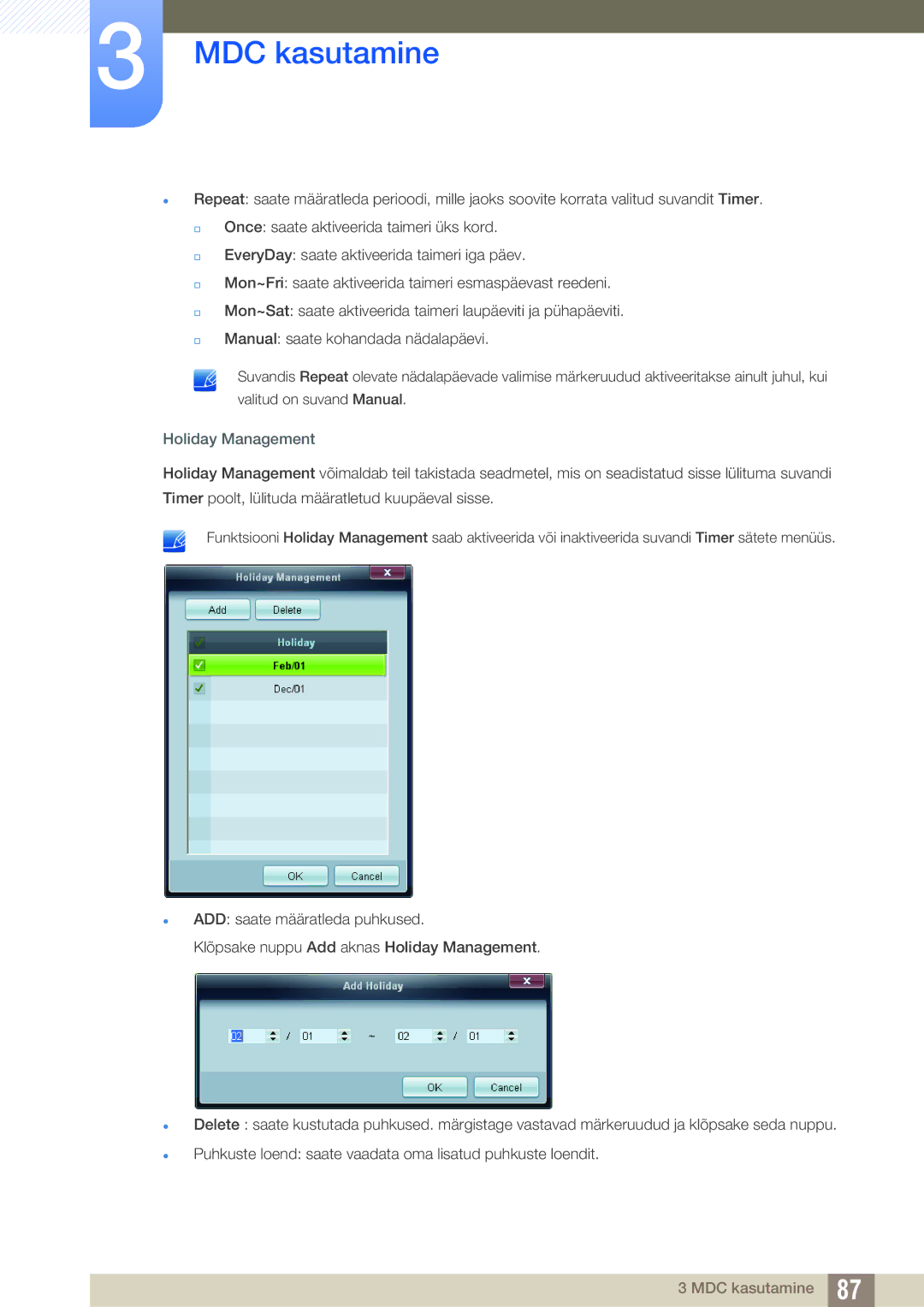 Samsung LH55UEAPLGC/EN, LH55UEPLGC/EN, LH46DEAPLBC/EN manual Holiday Management 