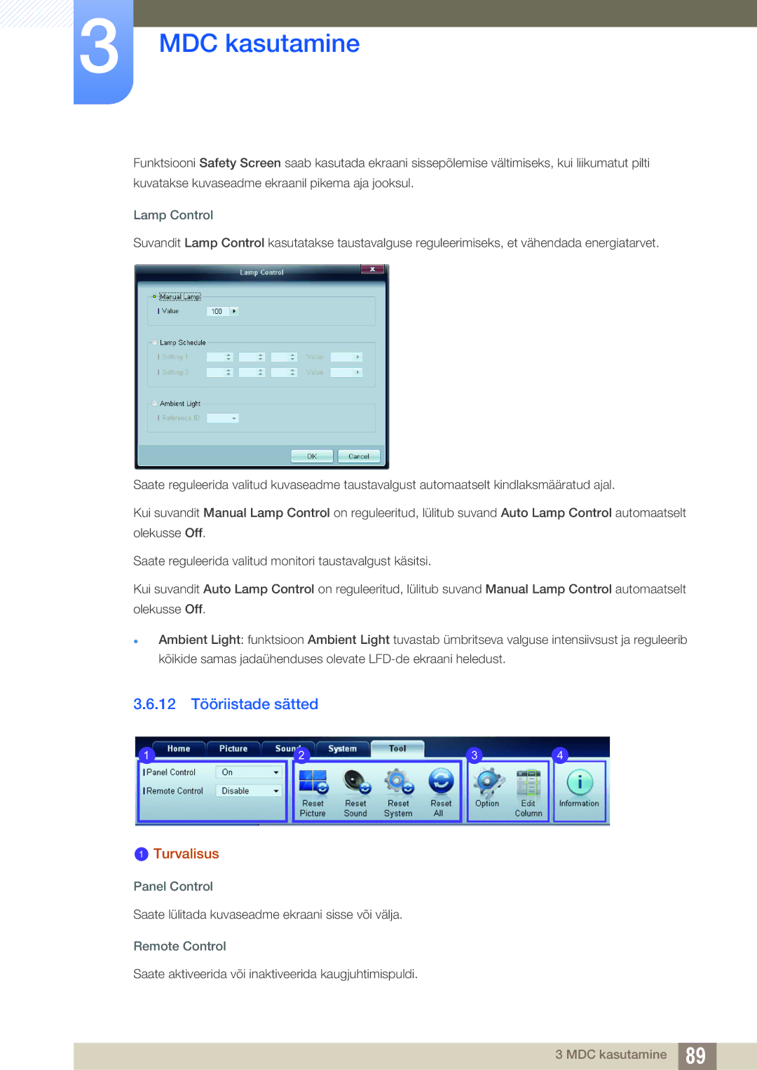 Samsung LH46DEAPLBC/EN, LH55UEAPLGC/EN, LH55UEPLGC/EN 12 Tööriistade sätted, Lamp Control, Panel Control, Remote Control 