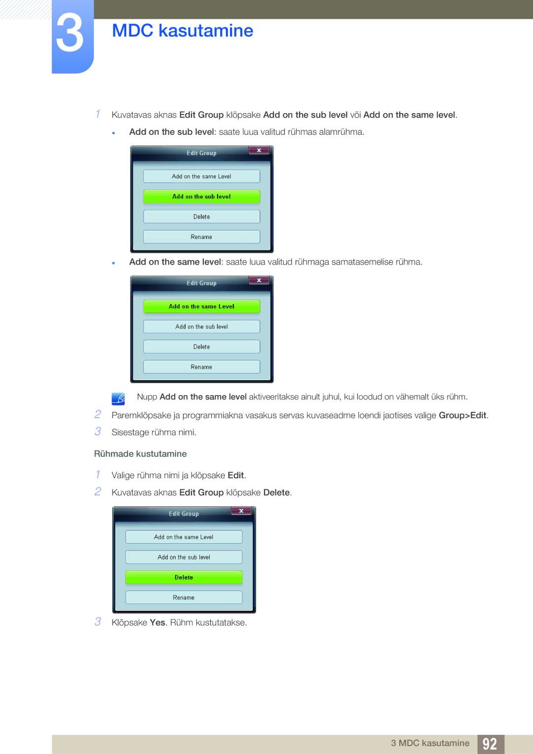 Samsung LH46DEAPLBC/EN, LH55UEAPLGC/EN, LH55UEPLGC/EN manual Rühmade kustutamine 