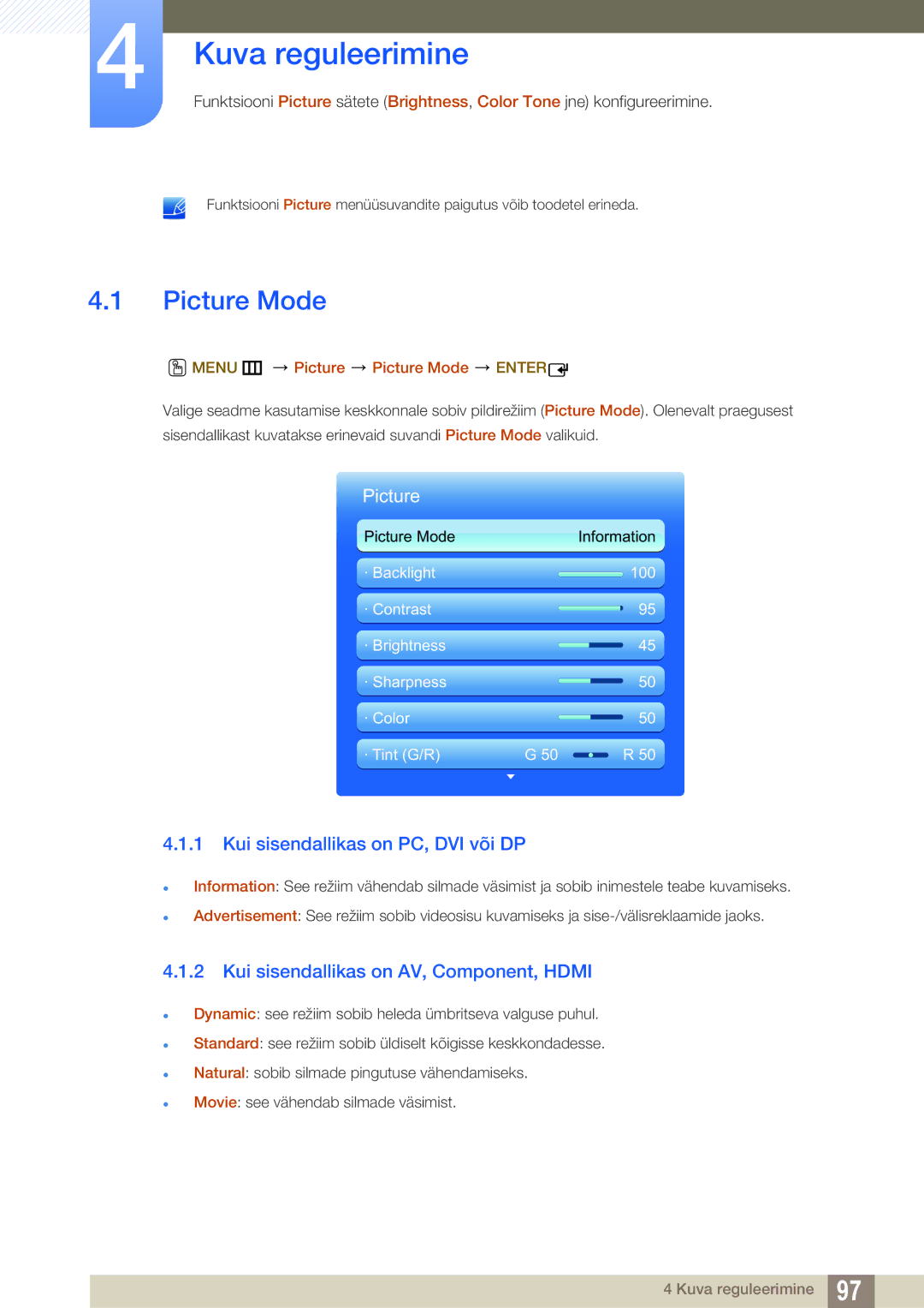 Samsung LH55UEPLGC/EN, LH55UEAPLGC/EN, LH46DEAPLBC/EN Kuva reguleerimine, Picture Mode, Kui sisendallikas on PC, DVI või DP 