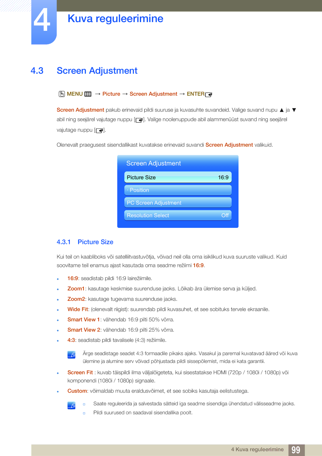 Samsung LH55UEAPLGC/EN, LH55UEPLGC/EN, LH46DEAPLBC/EN manual Picture Size, Menu m Picture Screen Adjustment Enter 