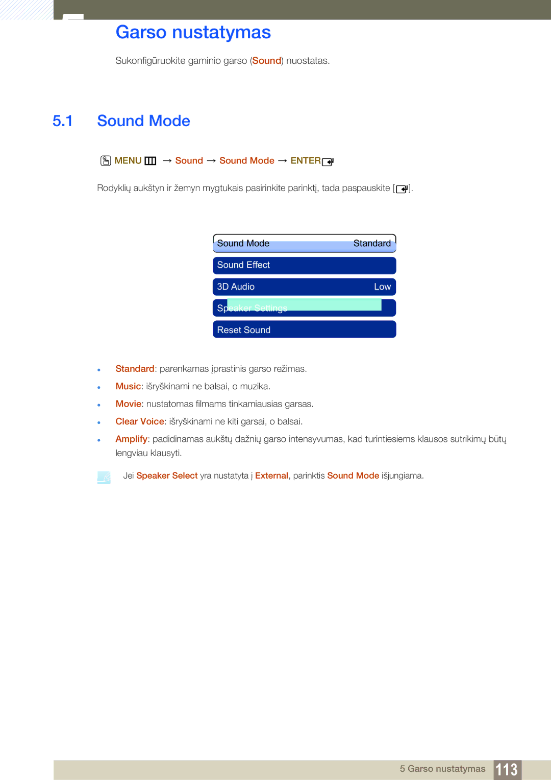 Samsung LH46DEAPLBC/EN, LH55UEAPLGC/EN, LH55UEPLGC/EN manual Garso nustatymas, Menu m Sound Sound Mode Enter 