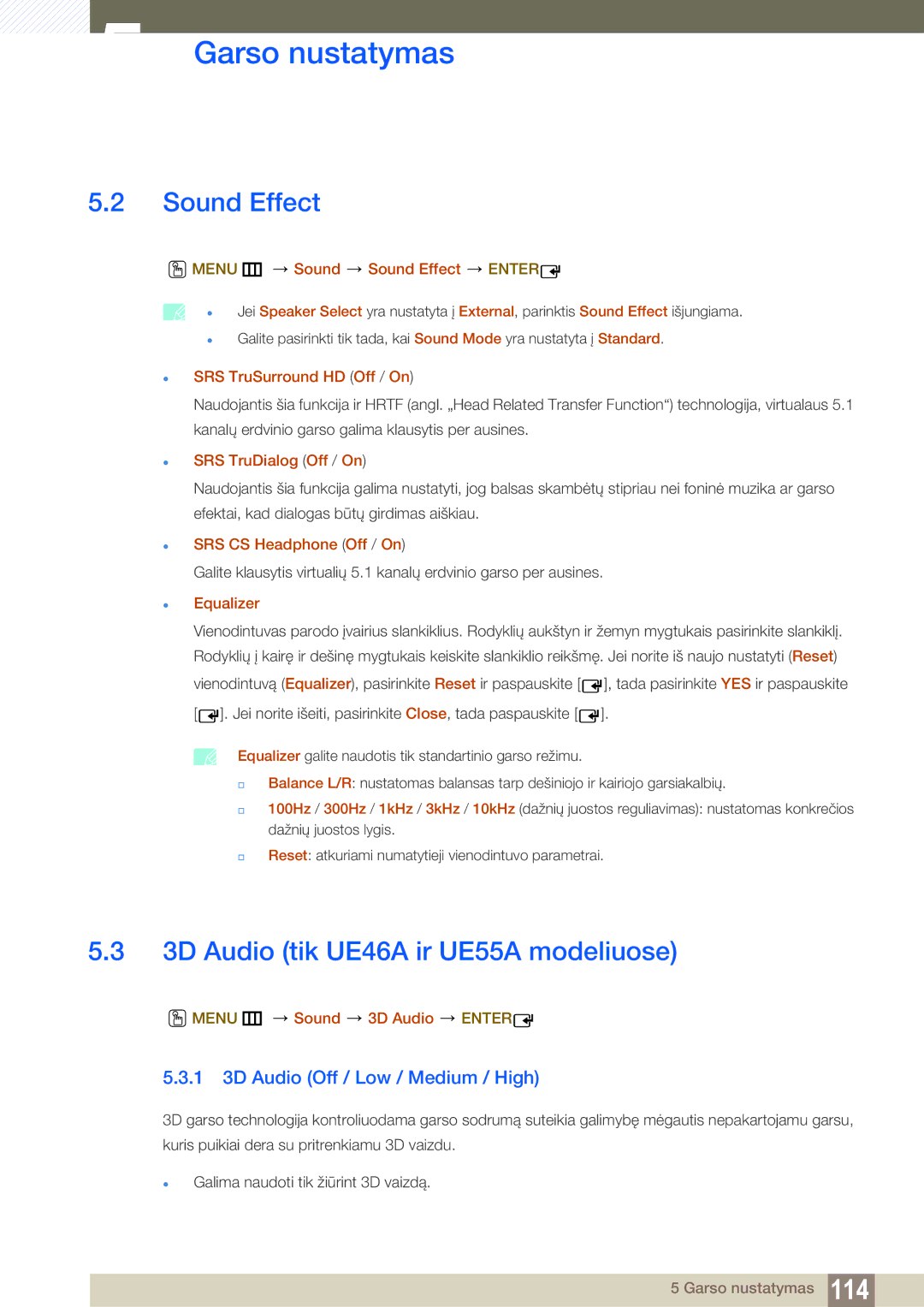 Samsung LH55UEAPLGC/EN manual Sound Effect, 3D Audio tik UE46A ir UE55A modeliuose, 1 3D Audio Off / Low / Medium / High 