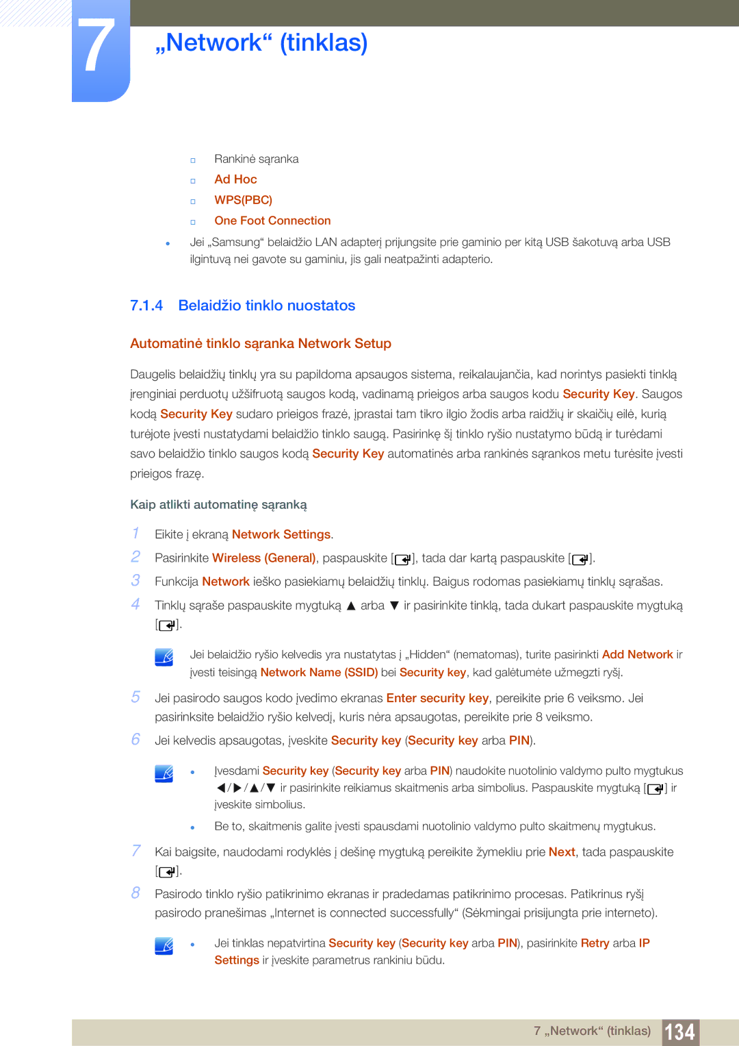 Samsung LH46DEAPLBC/EN Belaidžio tinklo nuostatos, Automatinė tinklo sąranka Network Setup, Ad Hoc, One Foot Connection 