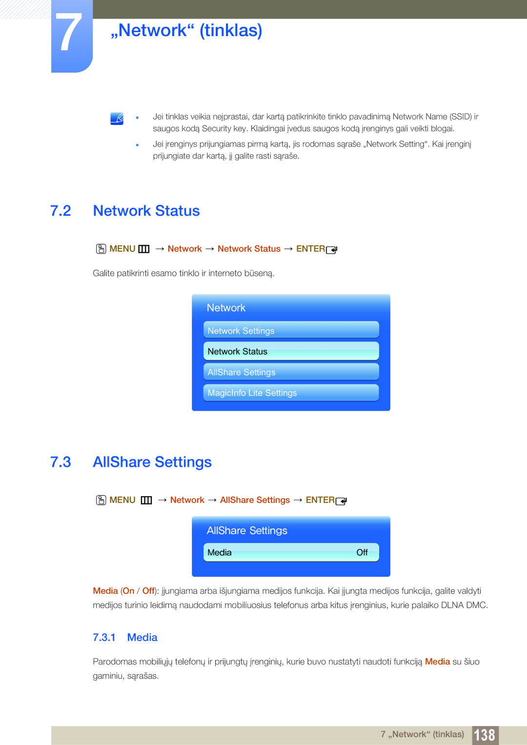 Samsung LH55UEAPLGC/EN, LH55UEPLGC/EN, LH46DEAPLBC/EN AllShare Settings, Media, Menu m Network Network Status Enter 