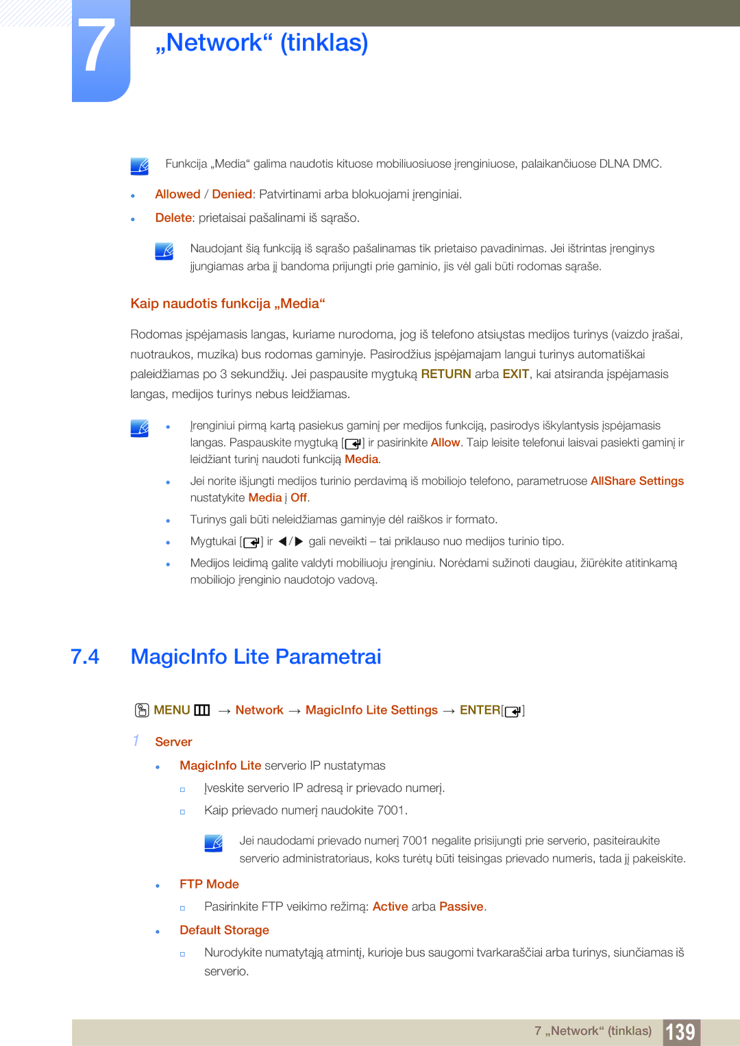 Samsung LH55UEPLGC/EN manual MagicInfo Lite Parametrai, Kaip naudotis funkcija „Media,  FTP Mode,  Default Storage 