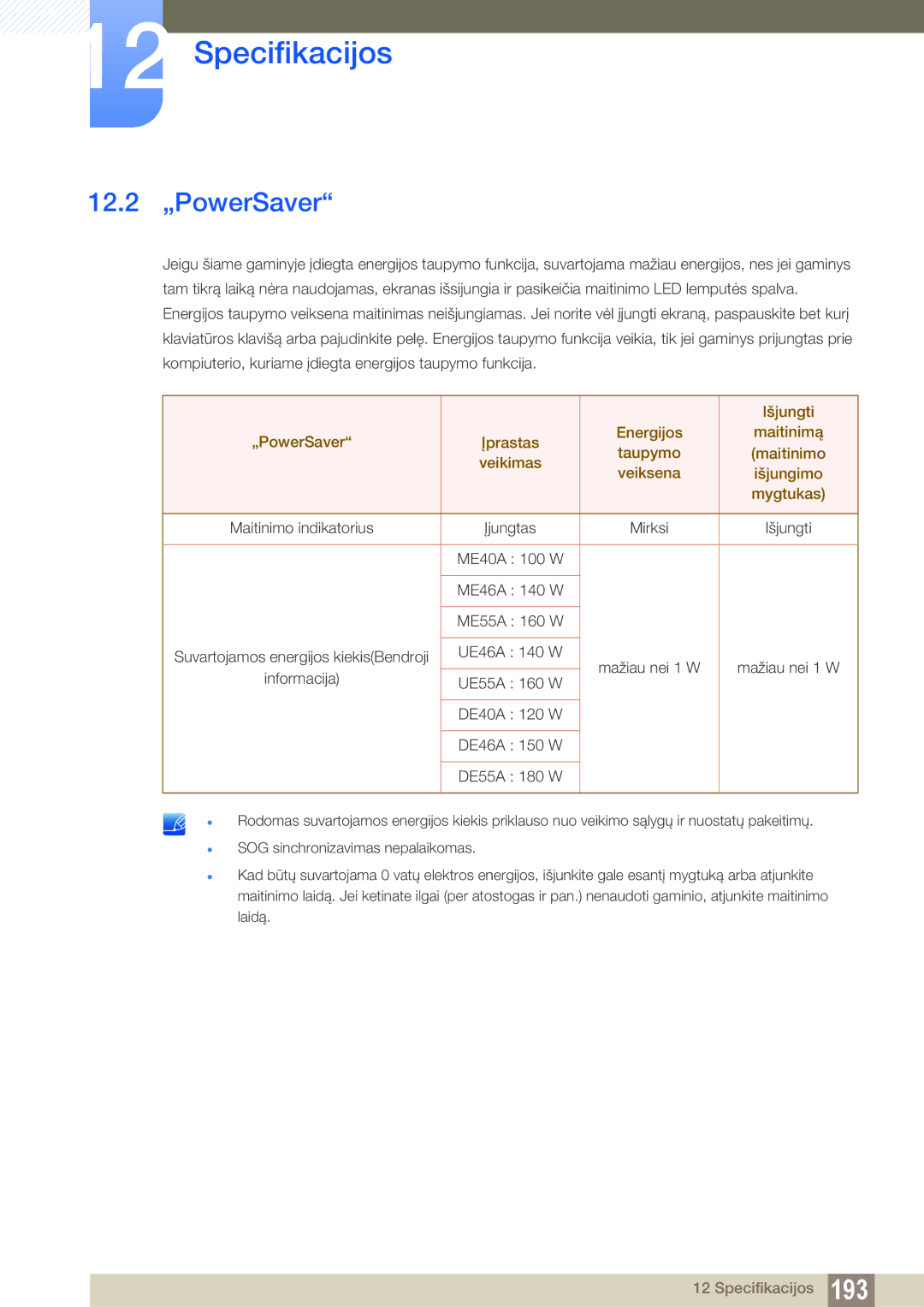 Samsung LH55UEPLGC/EN, LH55UEAPLGC/EN, LH46DEAPLBC/EN manual 12.2 „PowerSaver, Išjungti 