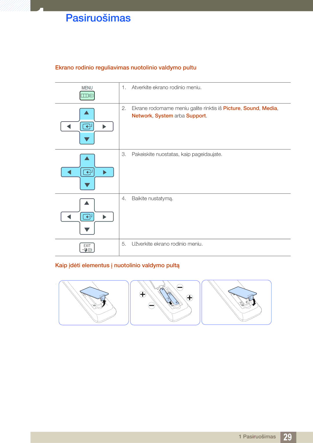 Samsung LH46DEAPLBC/EN, LH55UEAPLGC/EN Ekrano rodinio reguliavimas nuotolinio valdymo pultu, Network, System arba Support 