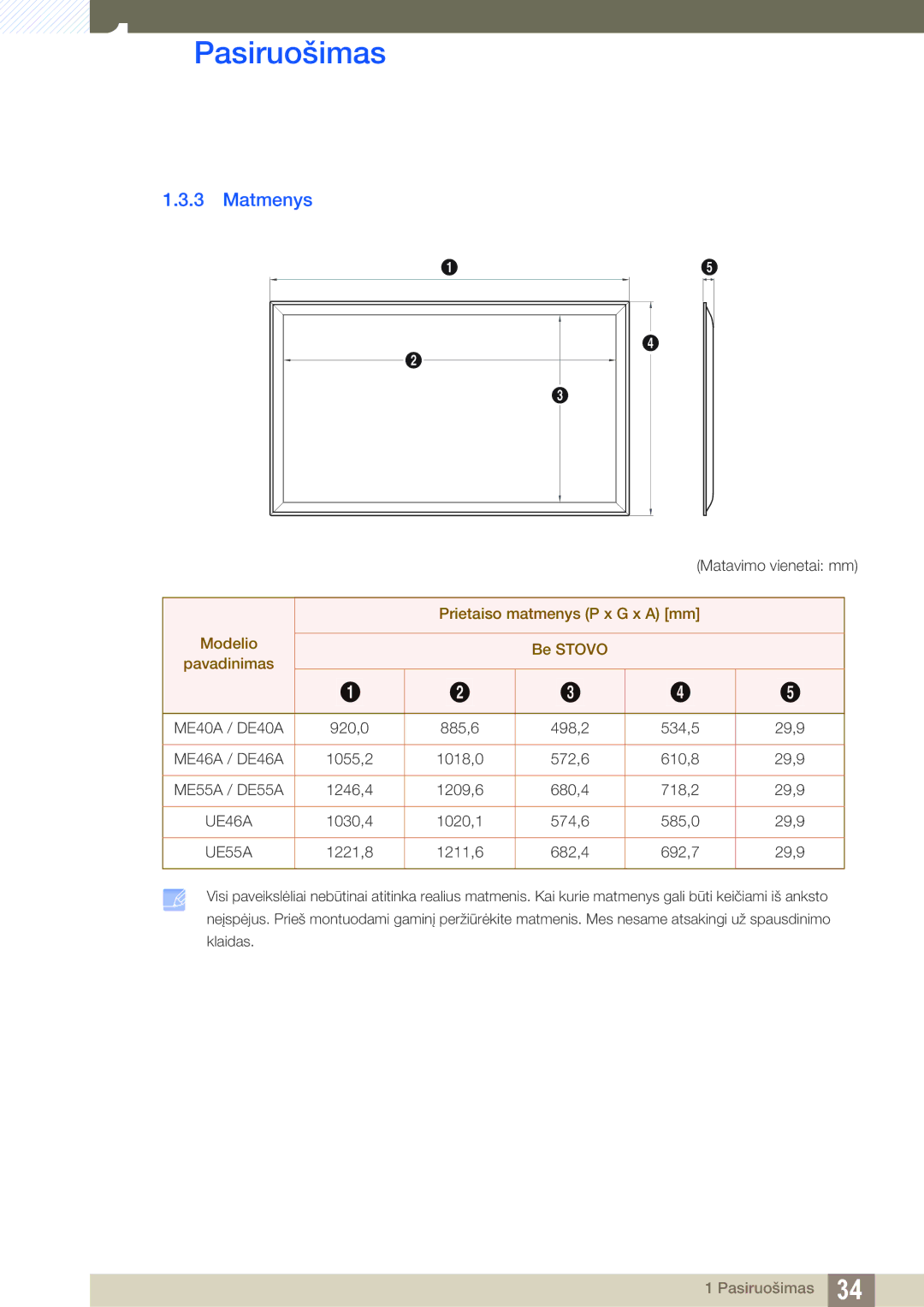 Samsung LH55UEPLGC/EN, LH55UEAPLGC/EN manual Matmenys, Prietaiso matmenys P x G x a mm Modelio Be Stovo Pavadinimas 