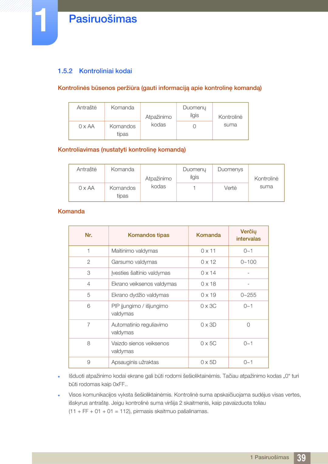 Samsung LH55UEAPLGC/EN, LH55UEPLGC/EN manual Kontroliniai kodai, Kontroliavimas nustatyti kontrolinę komandą, Komanda 