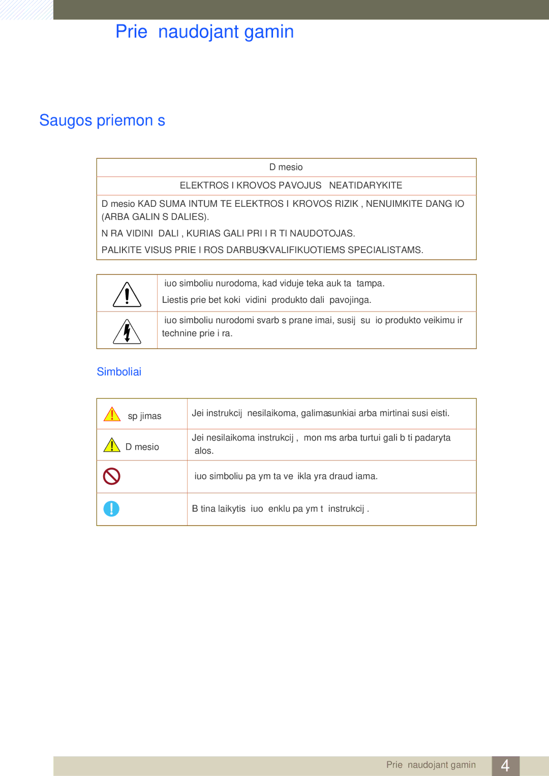 Samsung LH55UEPLGC/EN, LH55UEAPLGC/EN, LH46DEAPLBC/EN manual Saugos priemonės, Simboliai 