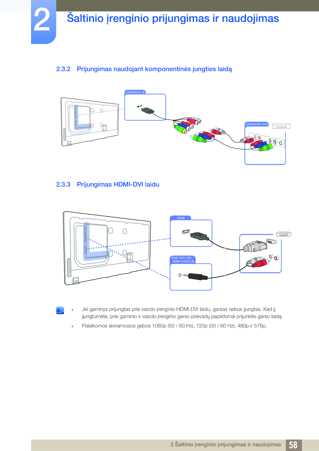 Samsung LH55UEPLGC/EN, LH55UEAPLGC/EN manual Prijungimas naudojant komponentinės jungties laidą, Prijungimas HDMI-DVI laidu 