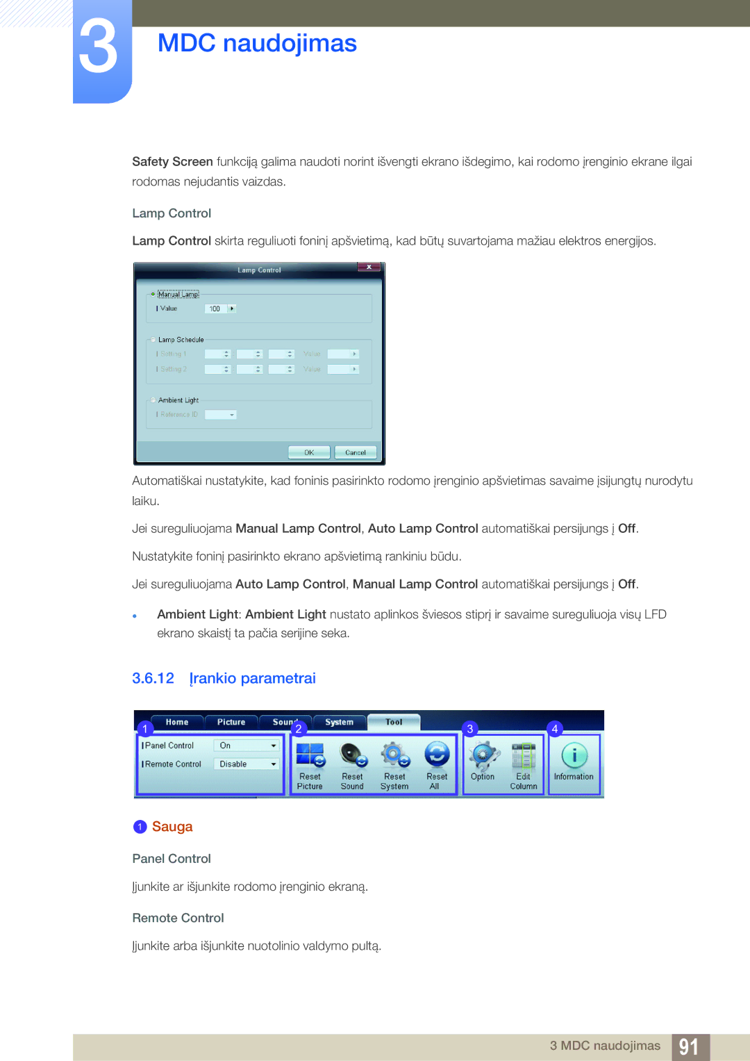 Samsung LH55UEPLGC/EN, LH55UEAPLGC/EN, LH46DEAPLBC/EN manual 12 Įrankio parametrai, Lamp Control, Panel Control 