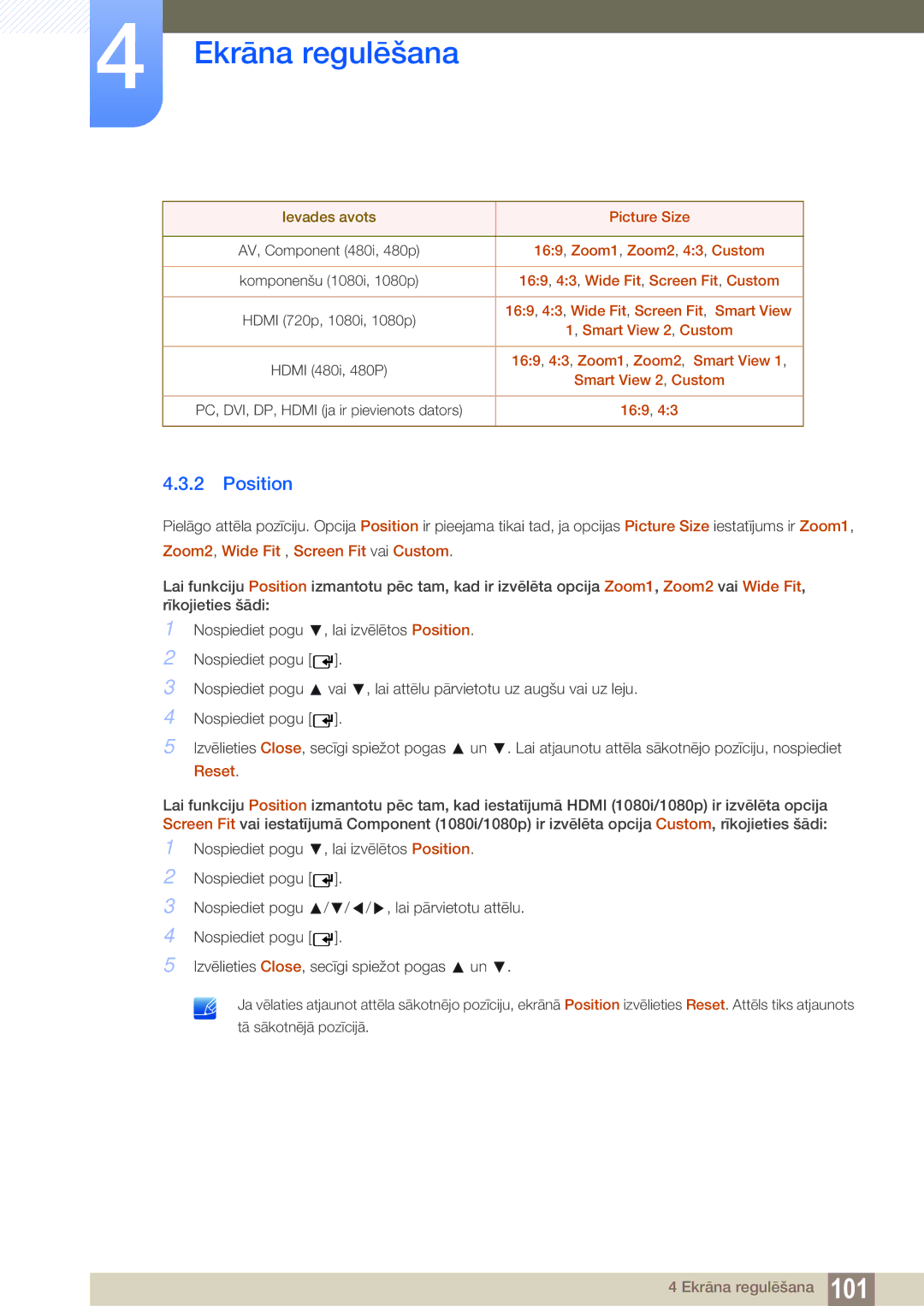 Samsung LH46DEAPLBC/EN manual Position, Picture Size, 169, Zoom1, Zoom2, 43, Custom, 169, 43, Zoom1, Zoom2, Smart View 