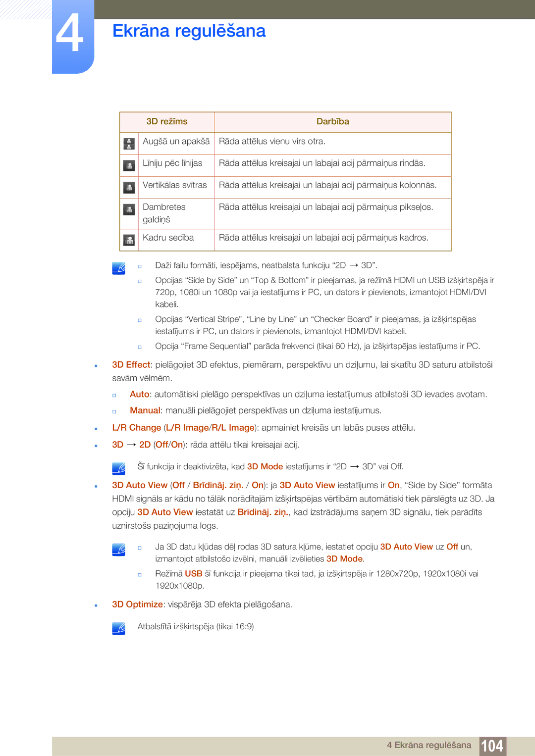 Samsung LH46DEAPLBC/EN, LH55UEAPLGC/EN, LH55UEPLGC/EN manual Ekrāna regulēšana 