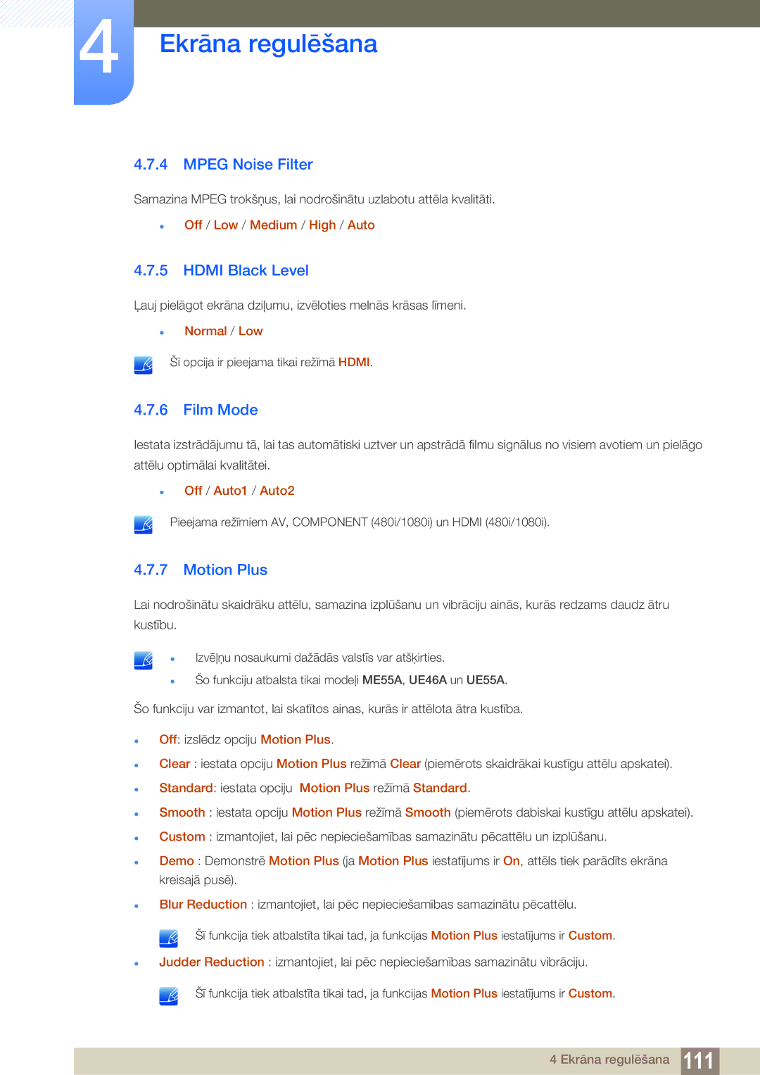Samsung LH55UEAPLGC/EN, LH55UEPLGC/EN, LH46DEAPLBC/EN manual Mpeg Noise Filter, Hdmi Black Level, Film Mode, Motion Plus 