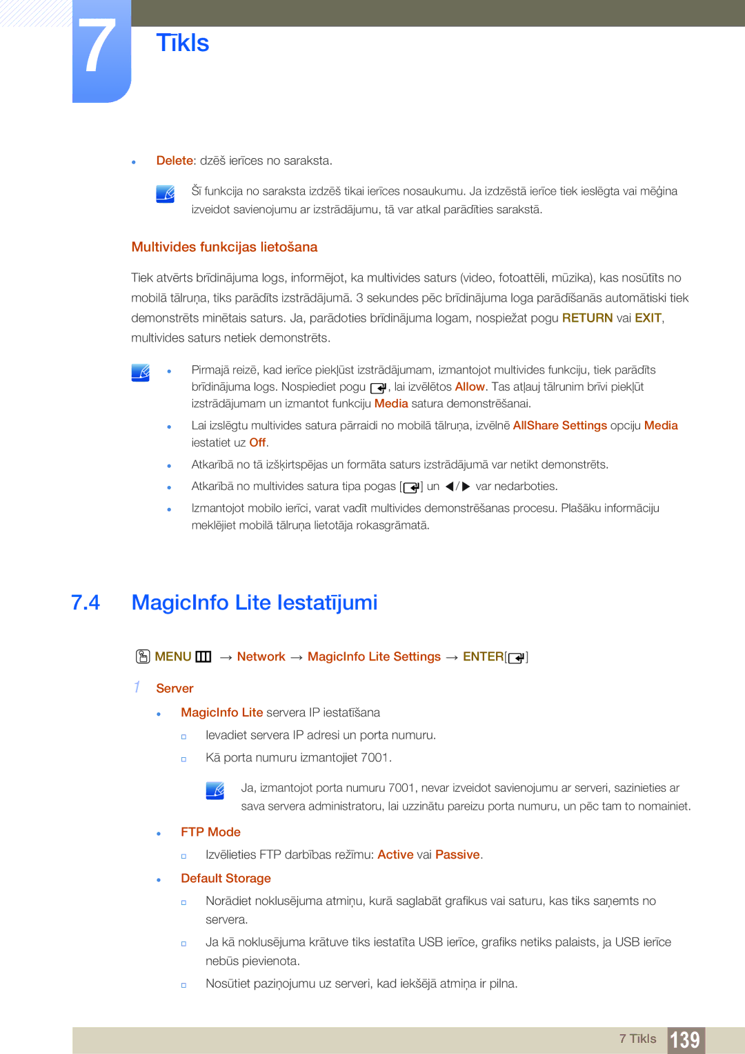 Samsung LH55UEPLGC/EN manual MagicInfo Lite Iestatījumi, Multivides funkcijas lietošana,  FTP Mode,  Default Storage 