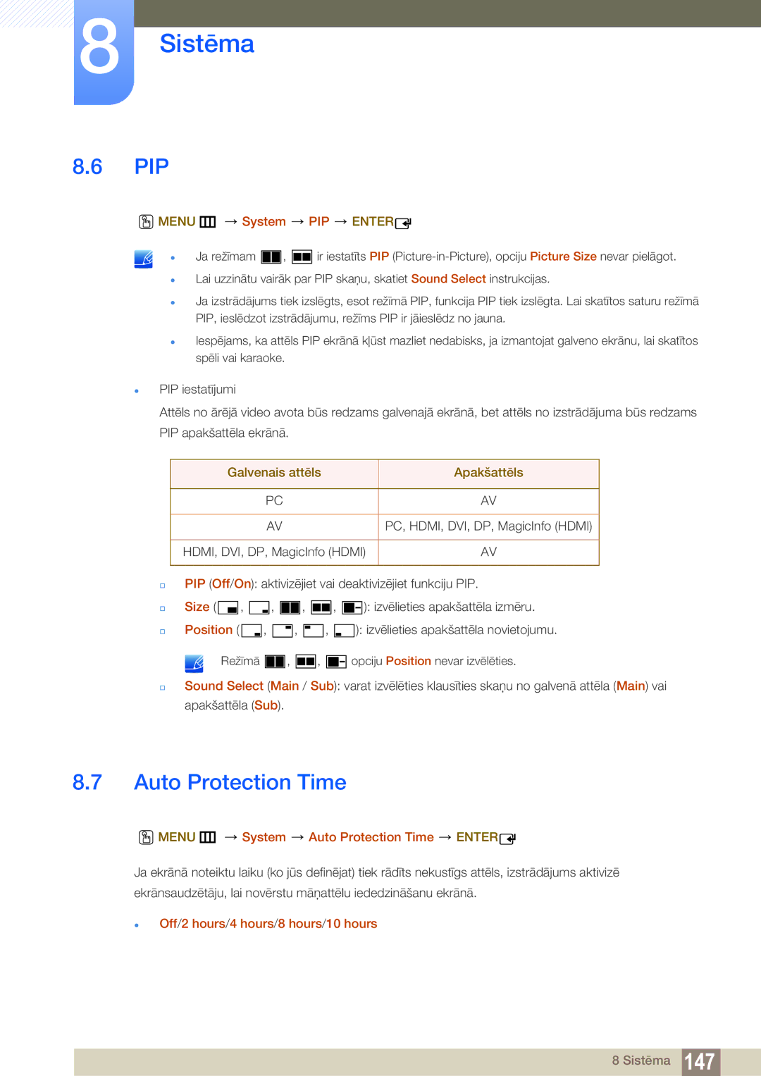 Samsung LH55UEAPLGC/EN, LH55UEPLGC/EN manual Pip, Menu m System PIP Enter, Menu m System Auto Protection Time Enter 