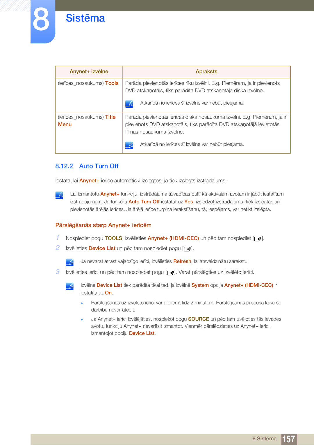 Samsung LH55UEPLGC/EN, LH55UEAPLGC/EN, LH46DEAPLBC/EN manual Auto Turn Off, Pārslēgšanās starp Anynet+ ierīcēm, Menu 