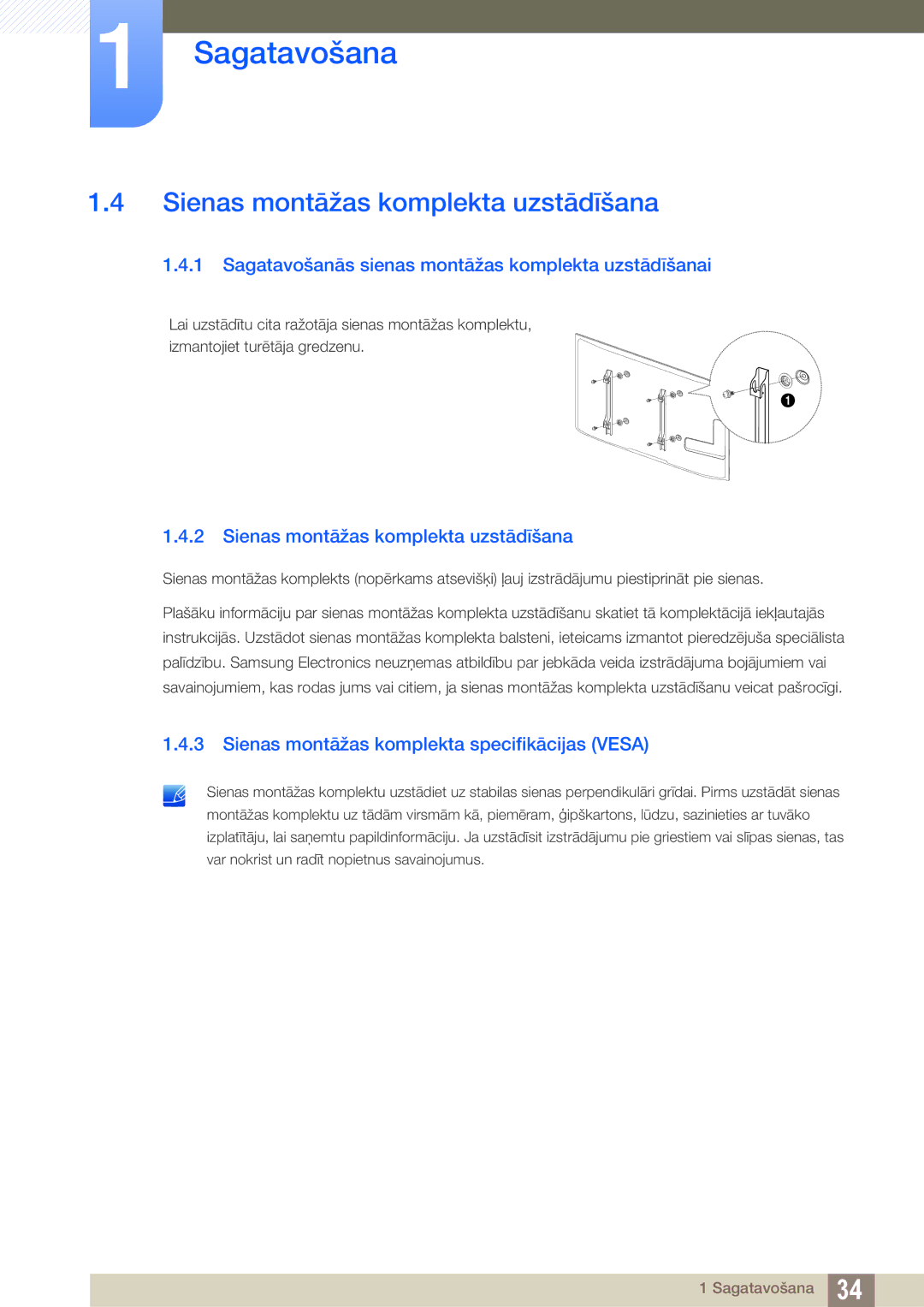 Samsung LH55UEPLGC/EN manual Sienas montāžas komplekta uzstādīšana, Sagatavošanās sienas montāžas komplekta uzstādīšanai 