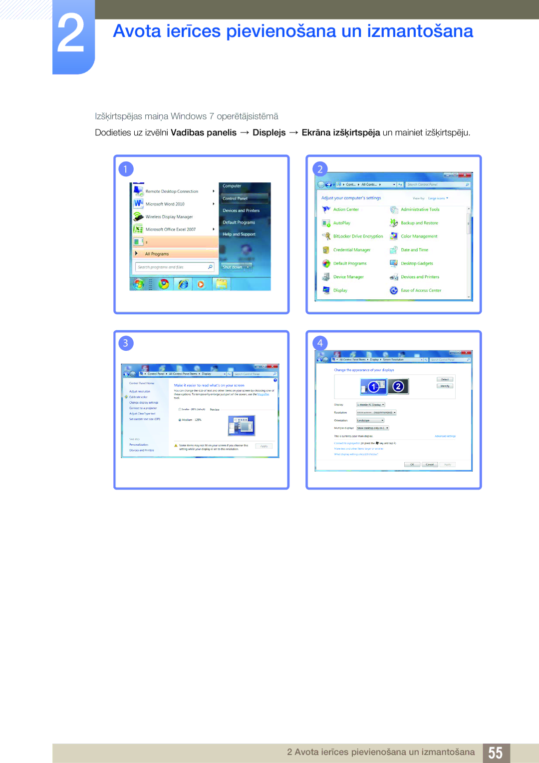 Samsung LH55UEPLGC/EN, LH55UEAPLGC/EN, LH46DEAPLBC/EN manual Izšķirtspējas maiņa Windows 7 operētājsistēmā 