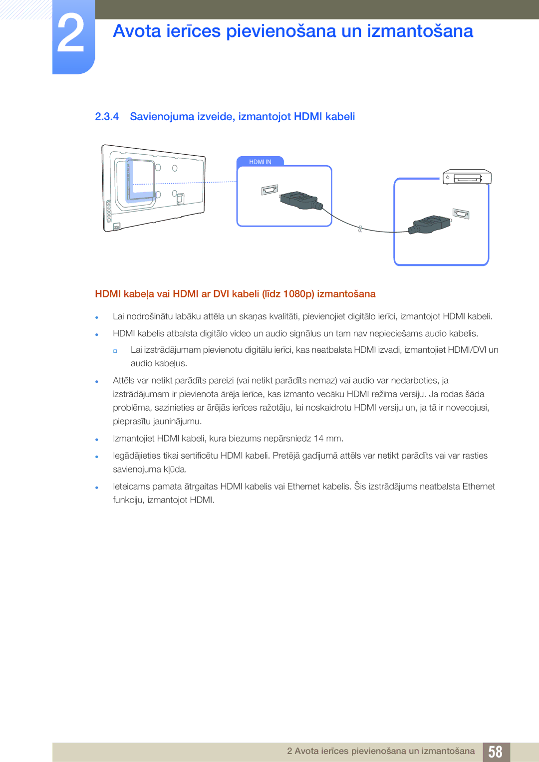 Samsung LH55UEPLGC/EN, LH55UEAPLGC/EN, LH46DEAPLBC/EN manual Savienojuma izveide, izmantojot Hdmi kabeli 