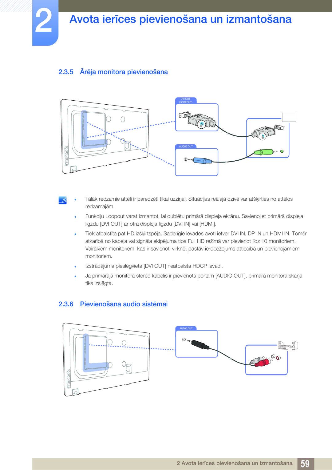 Samsung LH46DEAPLBC/EN, LH55UEAPLGC/EN, LH55UEPLGC/EN manual 5 Ārēja monitora pievienošana, Pievienošana audio sistēmai 