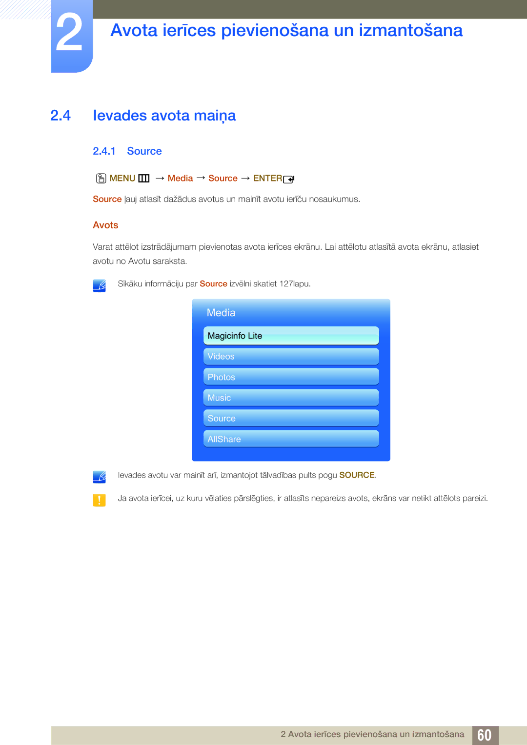 Samsung LH55UEAPLGC/EN, LH55UEPLGC/EN, LH46DEAPLBC/EN manual Ievades avota maiņa, Avots, Menu m Media Source Enter 