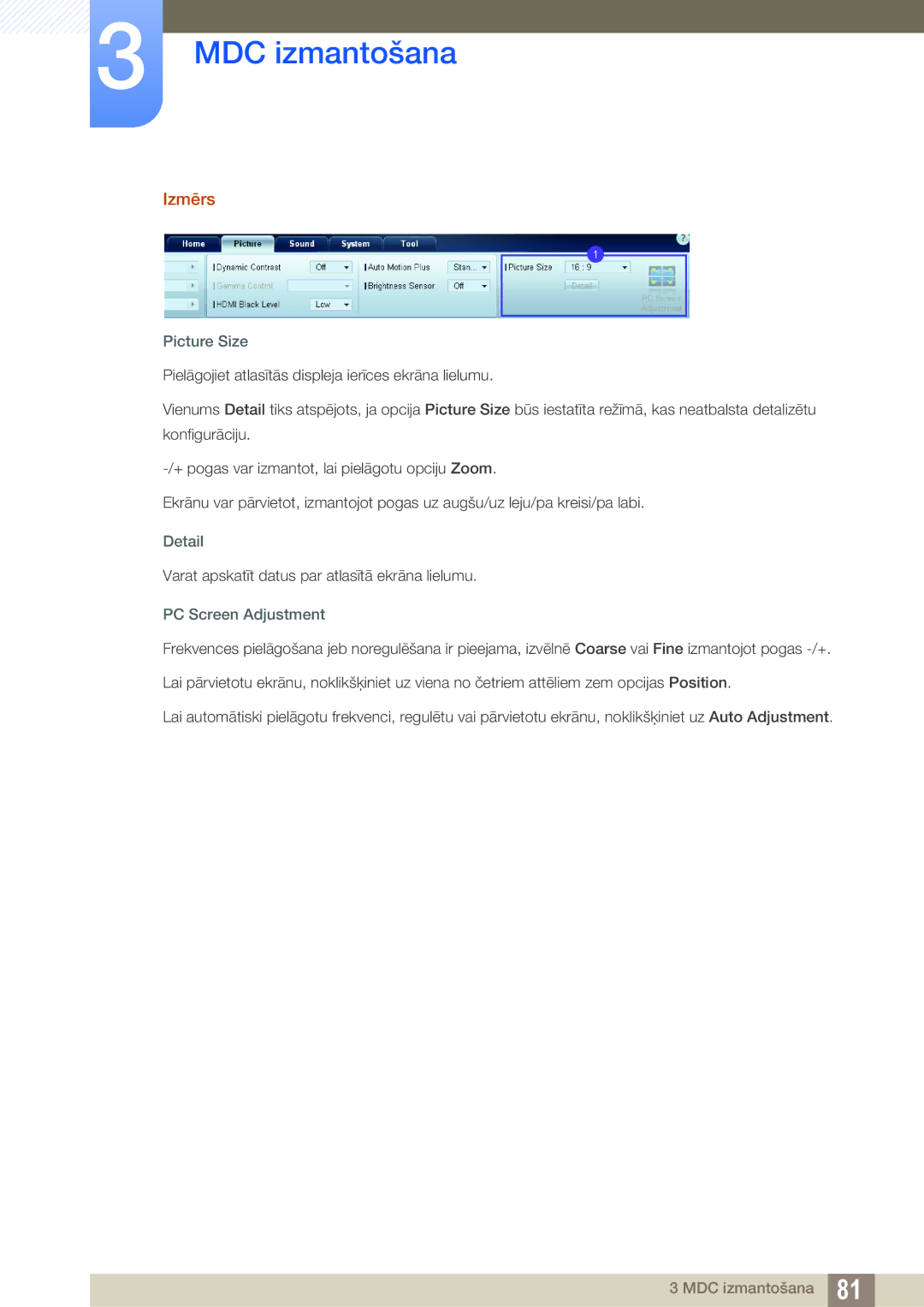 Samsung LH55UEAPLGC/EN, LH55UEPLGC/EN, LH46DEAPLBC/EN manual Izmērs, Picture Size, Detail, PC Screen Adjustment 