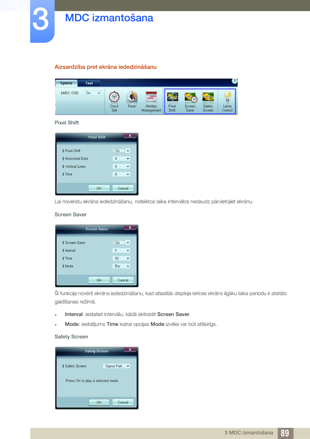 Samsung LH46DEAPLBC/EN, LH55UEAPLGC/EN Aizsardzība pret ekrāna iededzināšanu, Pixel Shift, Screen Saver, Safety Screen 