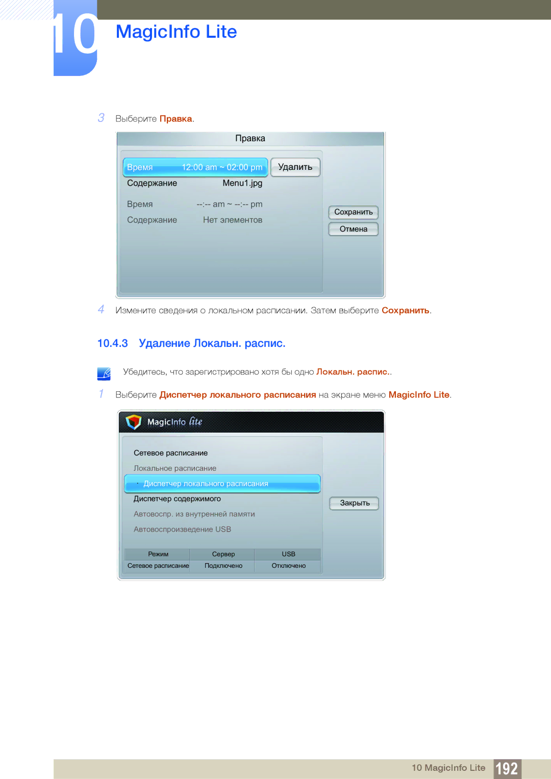 Samsung LH55UEAPLGC/EN, LH55UEPLGC/EN, LH46DEAPLBC/EN manual 10.4.3 Удаление Локальн. распис 