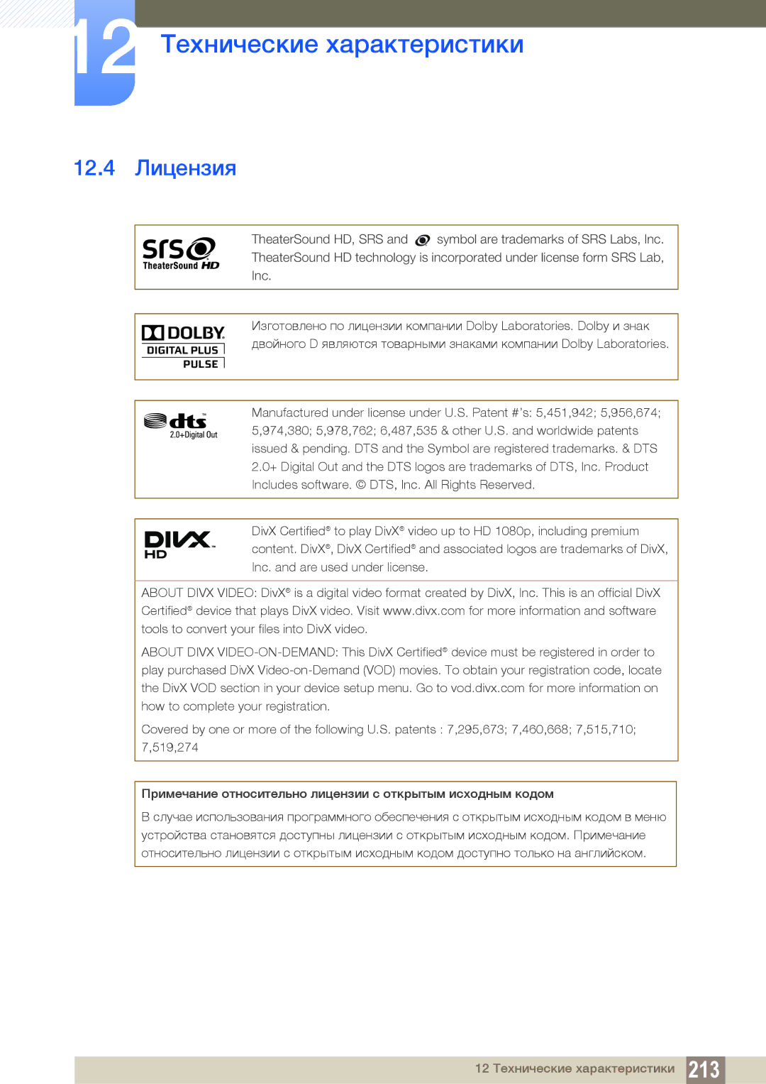 Samsung LH55UEAPLGC/EN, LH55UEPLGC/EN, LH46DEAPLBC/EN manual 12.4 Лицензия 