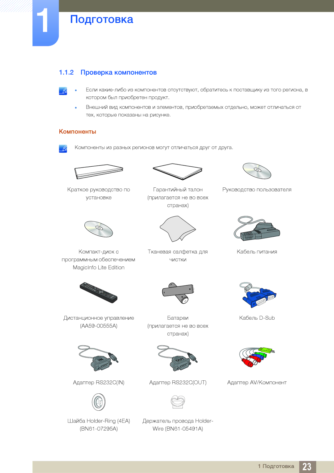 Samsung LH46DEAPLBC/EN, LH55UEAPLGC/EN, LH55UEPLGC/EN manual 2 Проверка компонентов, Компоненты 