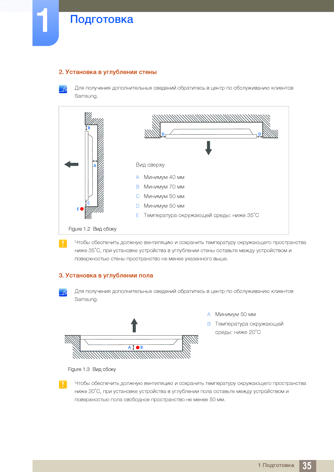 Samsung LH46DEAPLBC/EN, LH55UEAPLGC/EN, LH55UEPLGC/EN manual Установка в углублении стены, Установка в углублении пола 