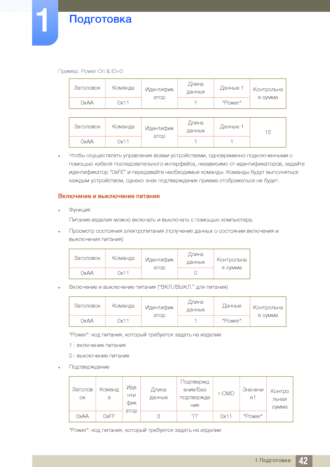 Samsung LH55UEAPLGC/EN, LH55UEPLGC/EN, LH46DEAPLBC/EN manual Включение и выключение питания, Пример. Power On & ID=0 