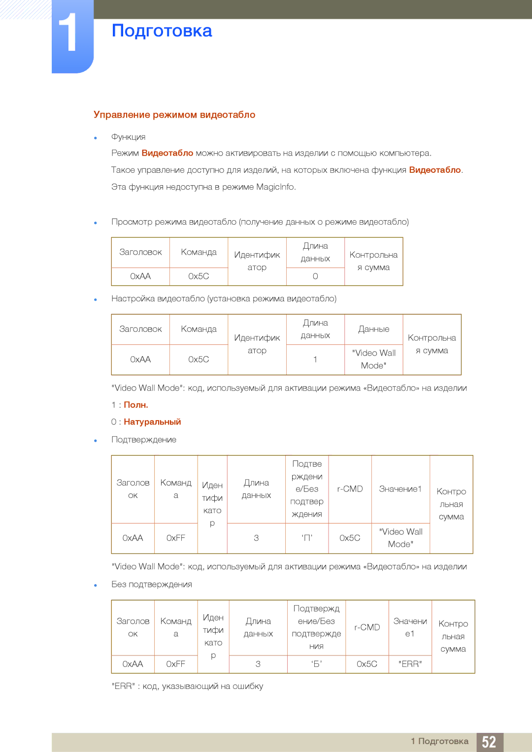 Samsung LH55UEPLGC/EN, LH55UEAPLGC/EN, LH46DEAPLBC/EN manual Управление режимом видеотабло, Полн Натуральный 