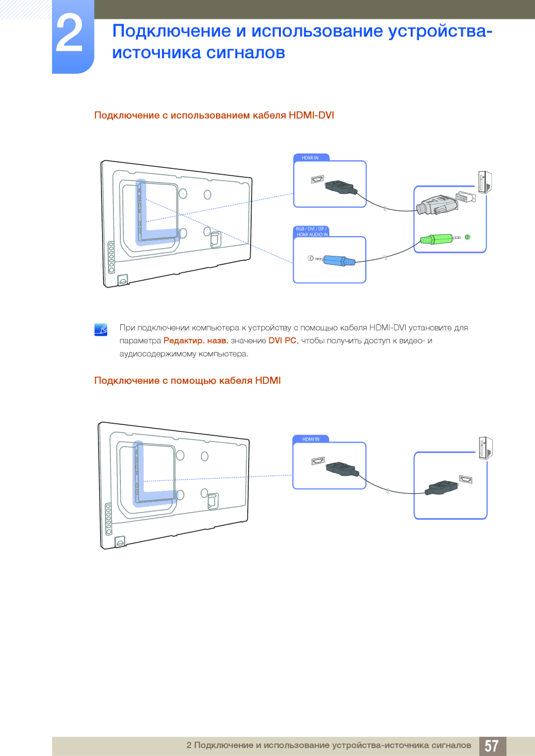 Samsung LH55UEAPLGC/EN, LH55UEPLGC/EN manual Подключение с использованием кабеля HDMI-DVI, Подключение с помощью кабеля Hdmi 