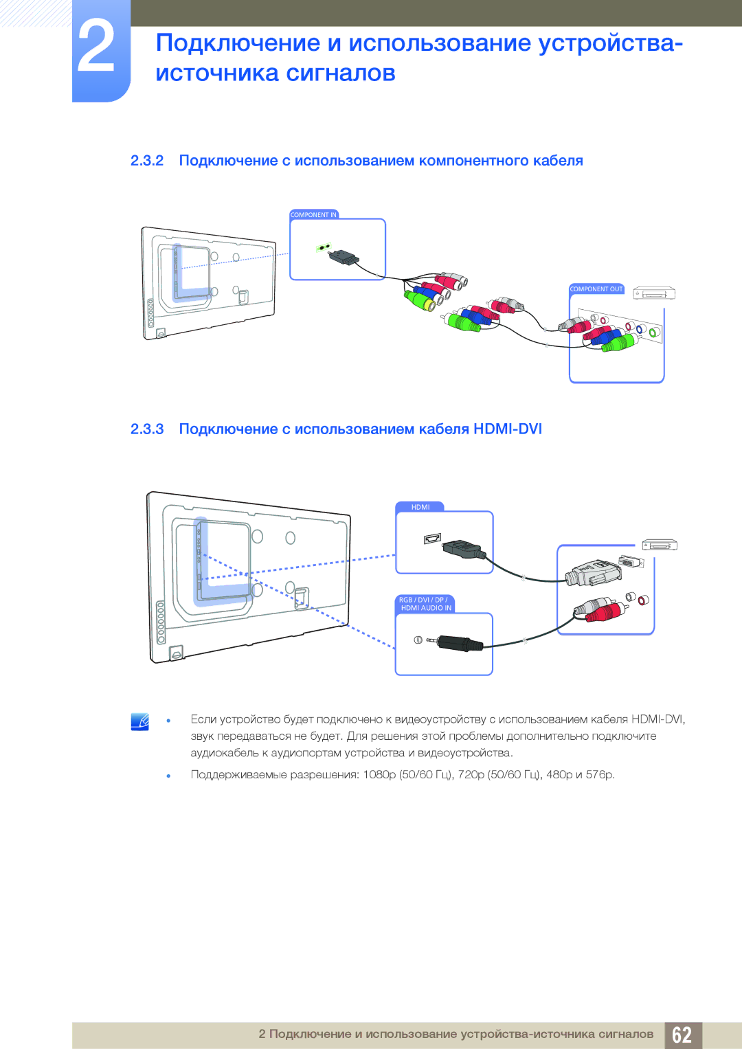 Samsung LH46DEAPLBC/EN 2 Подключение с использованием компонентного кабеля, 3 Подключение с использованием кабеля HDMI-DVI 