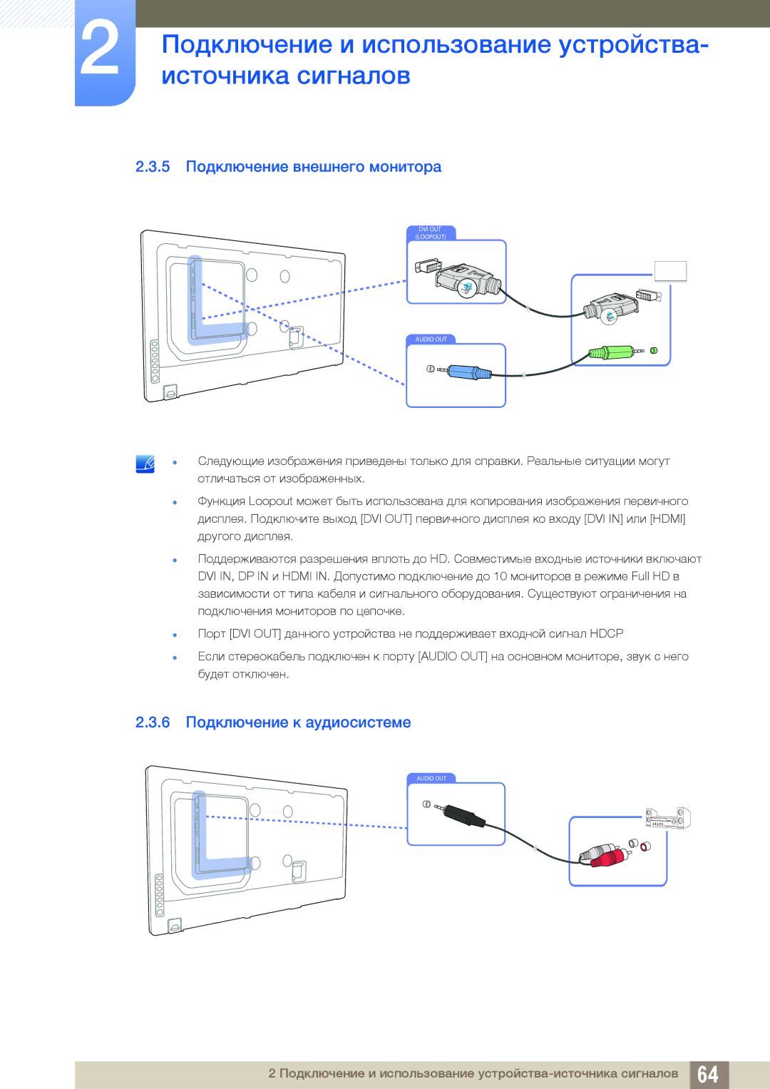 Samsung LH55UEPLGC/EN, LH55UEAPLGC/EN, LH46DEAPLBC/EN manual 5 Подключение внешнего монитора, 6 Подключение к аудиосистеме 