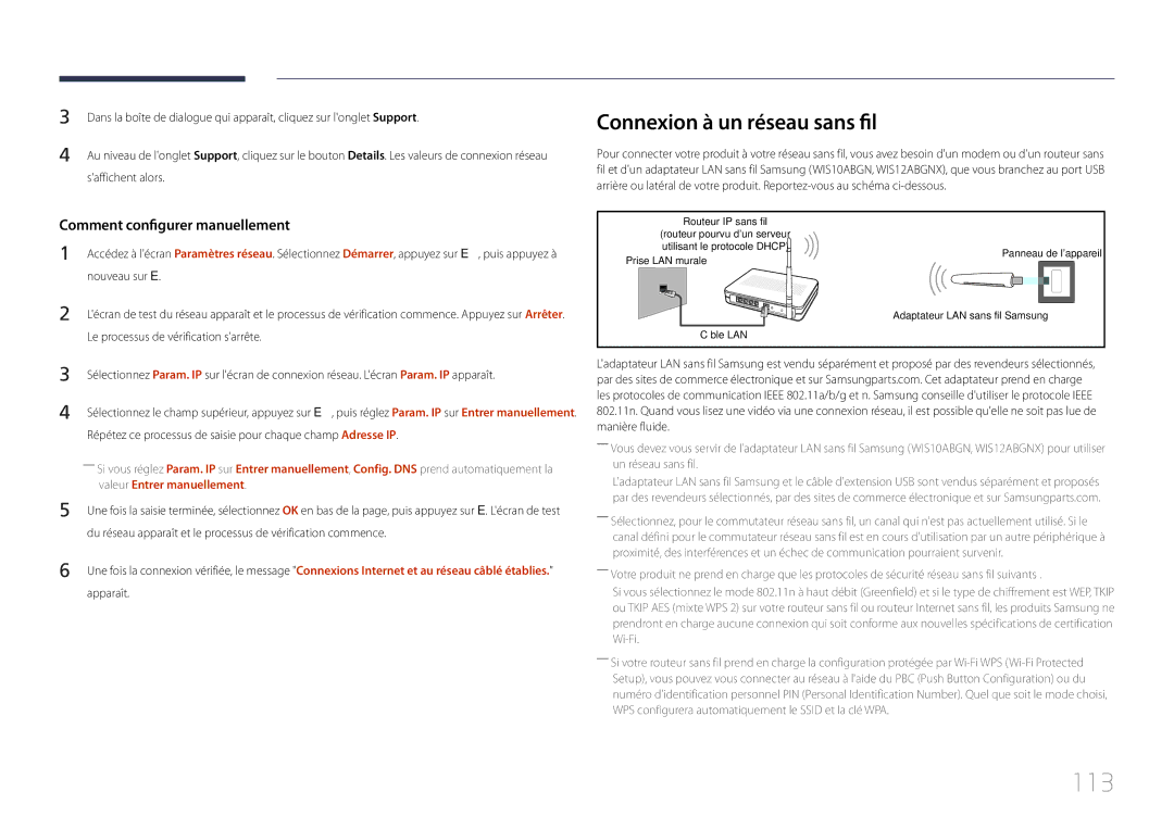 Samsung LH46UECPLGC/EN, LH55UECPLGC/EN manual 113, Connexion à un réseau sans fil, Valeur Entrer manuellement 