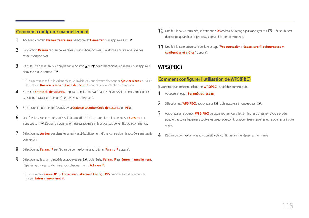 Samsung LH46UECPLGC/EN manual 115, Comment configurer manuellement, Comment configurer lutilisation de Wpspbc, Réseau 