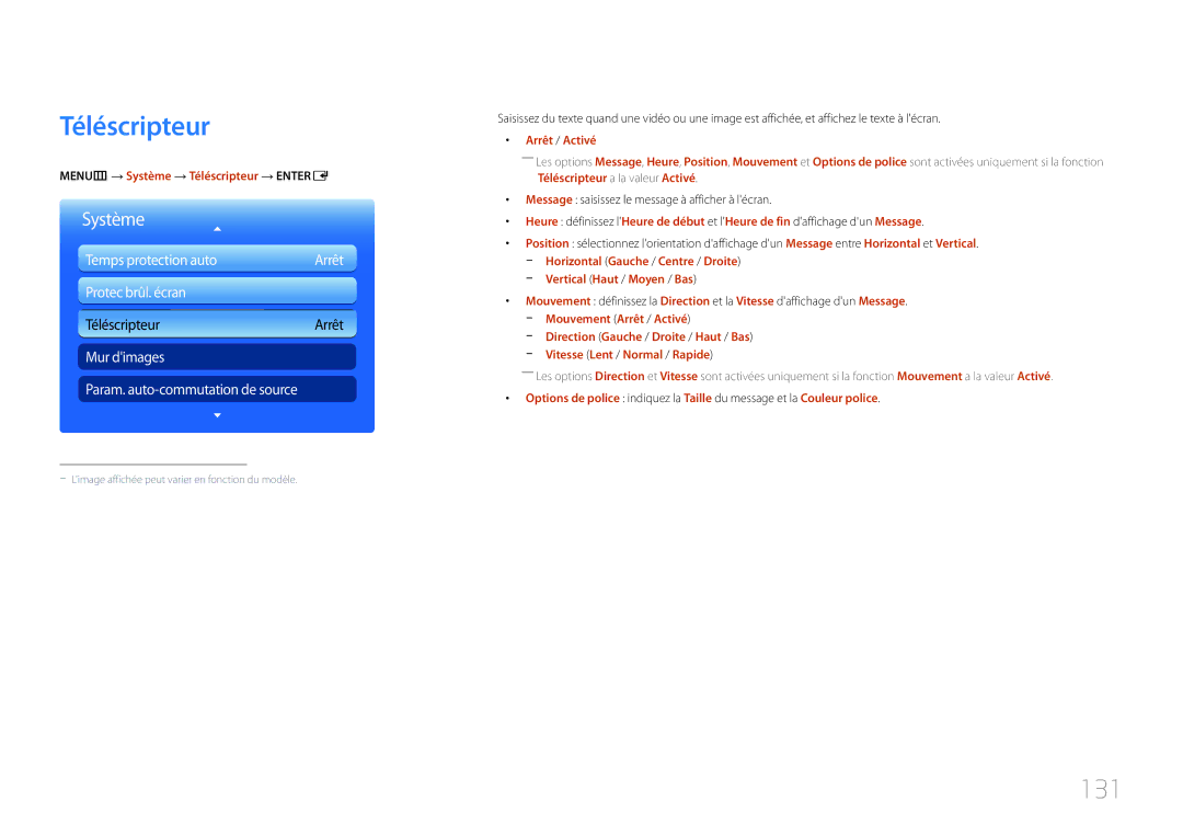 Samsung LH46UECPLGC/EN, LH55UECPLGC/EN manual 131, MENUm → Système → Téléscripteur → Entere, Vertical Haut / Moyen / Bas 